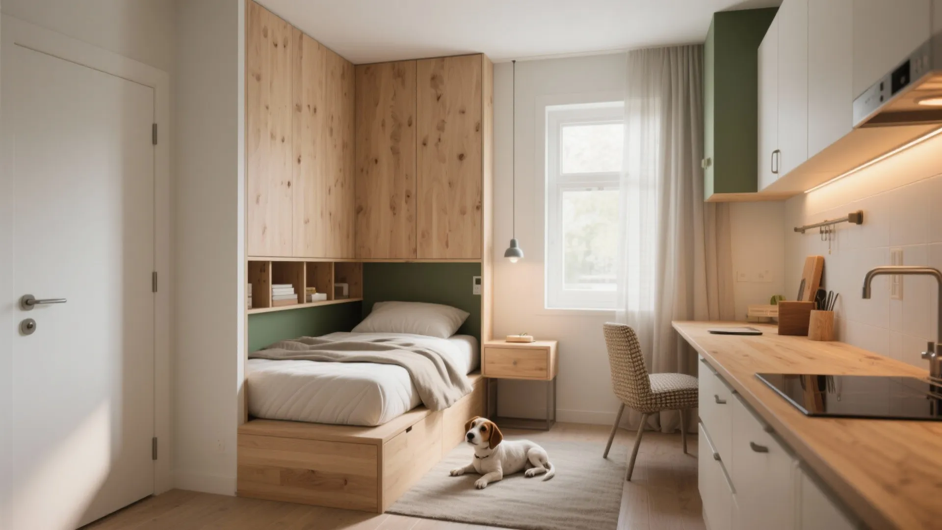 Studio apartment layout featuring a wooden bed and desk next to a small white kitchen
