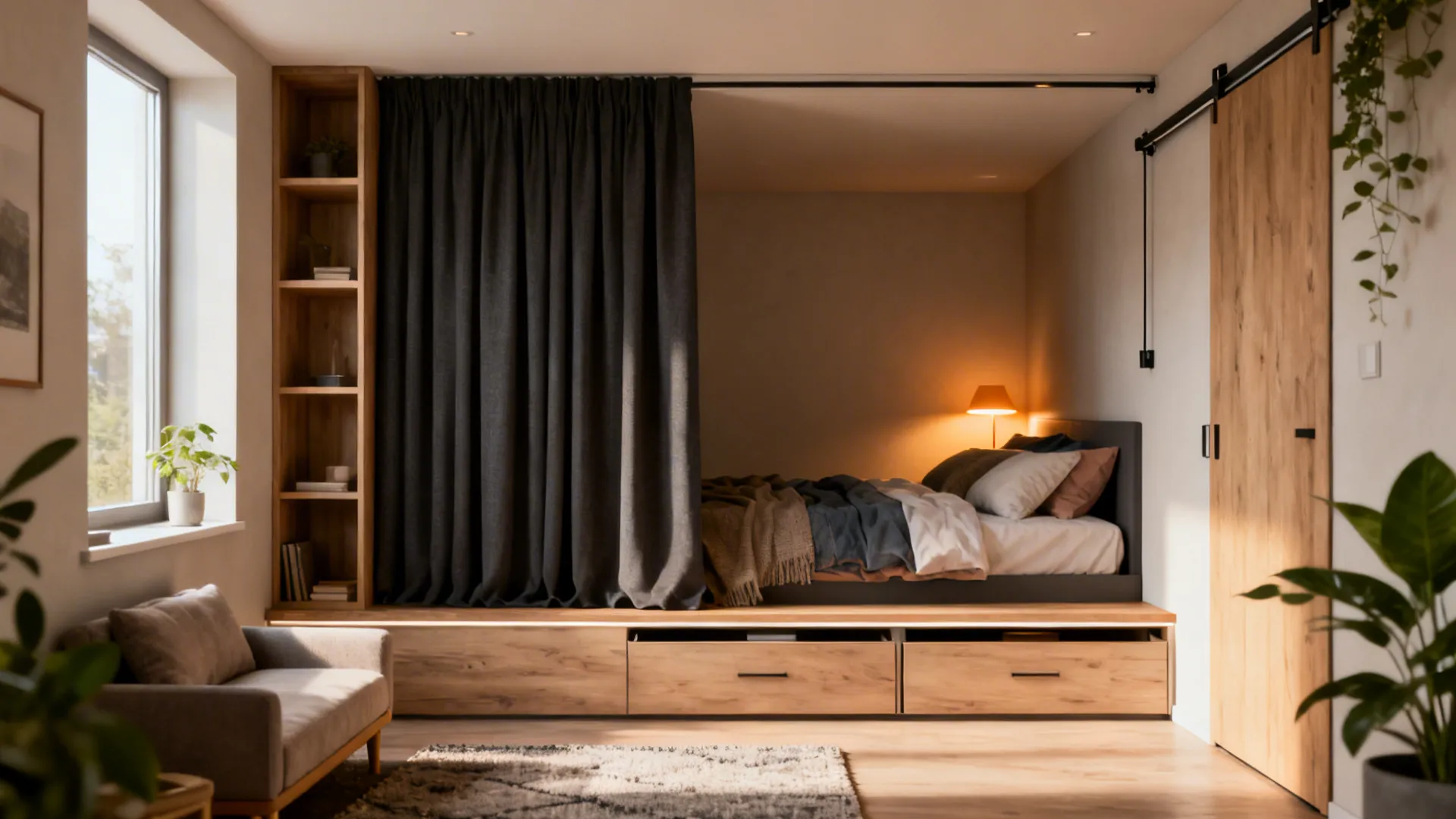 Modern studio apartment featuring a dark grey curtain used as a private bedroom space divider