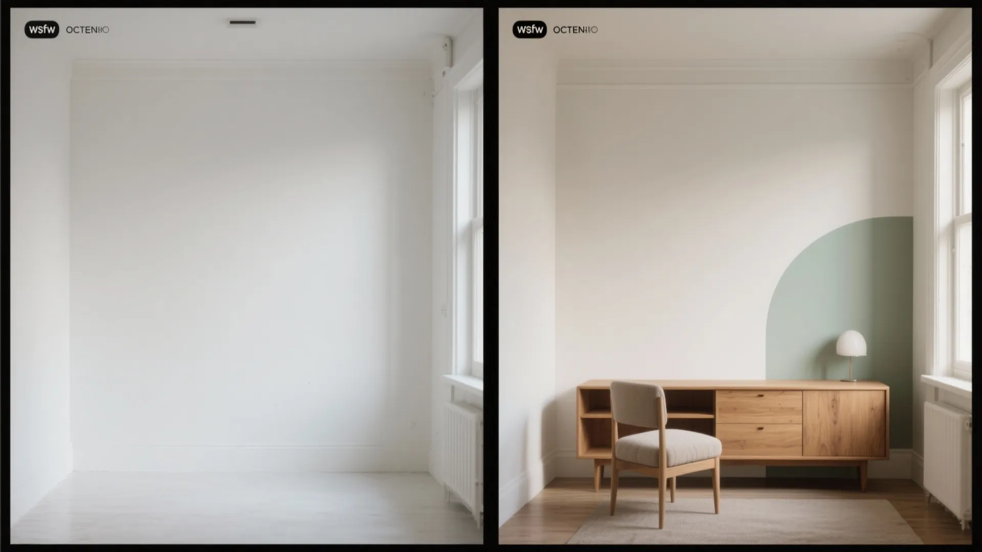 Before and after comparison of an empty white room versus a furnished home office setup