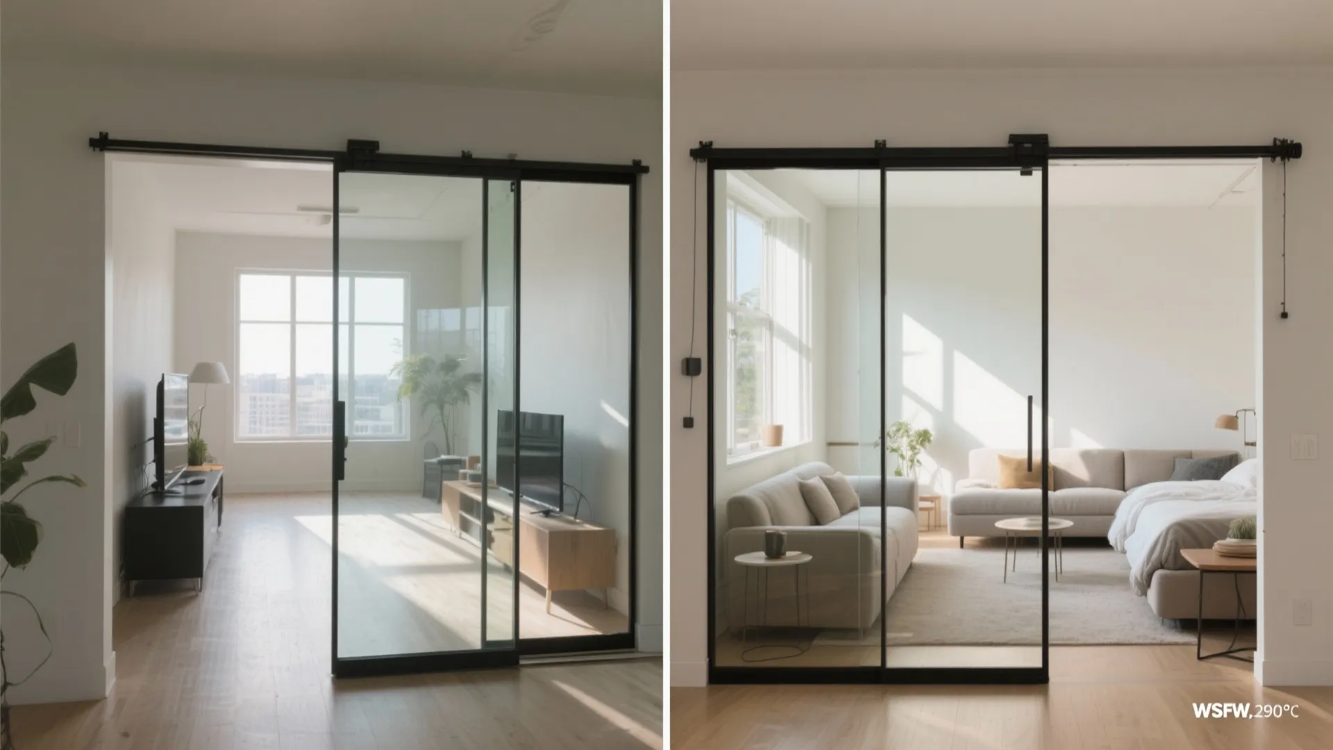 Before-and-after of a small studio upgraded with a top-hung glass slider for zoning and light.