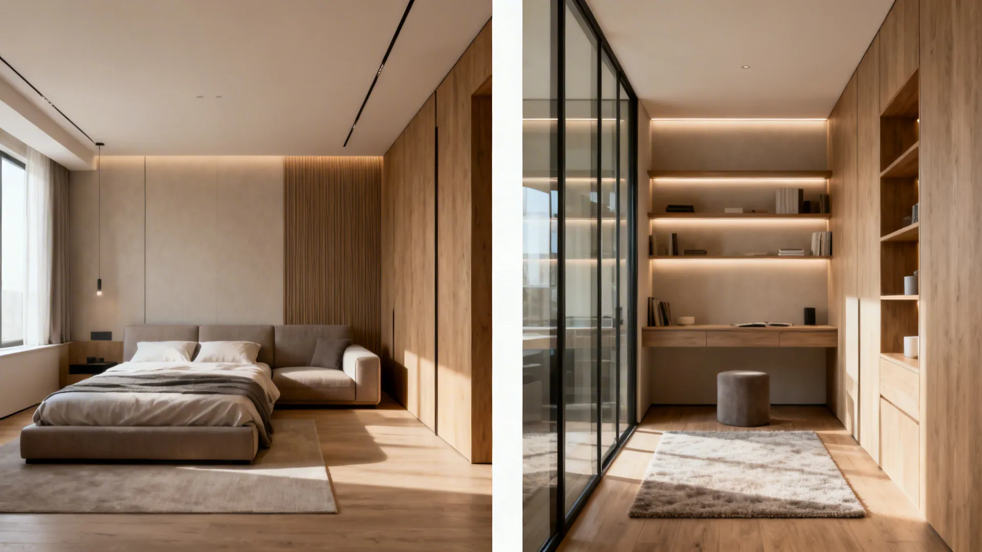 Split view of a studio before and after adding dividers and soft zoning to improve privacy and storage.