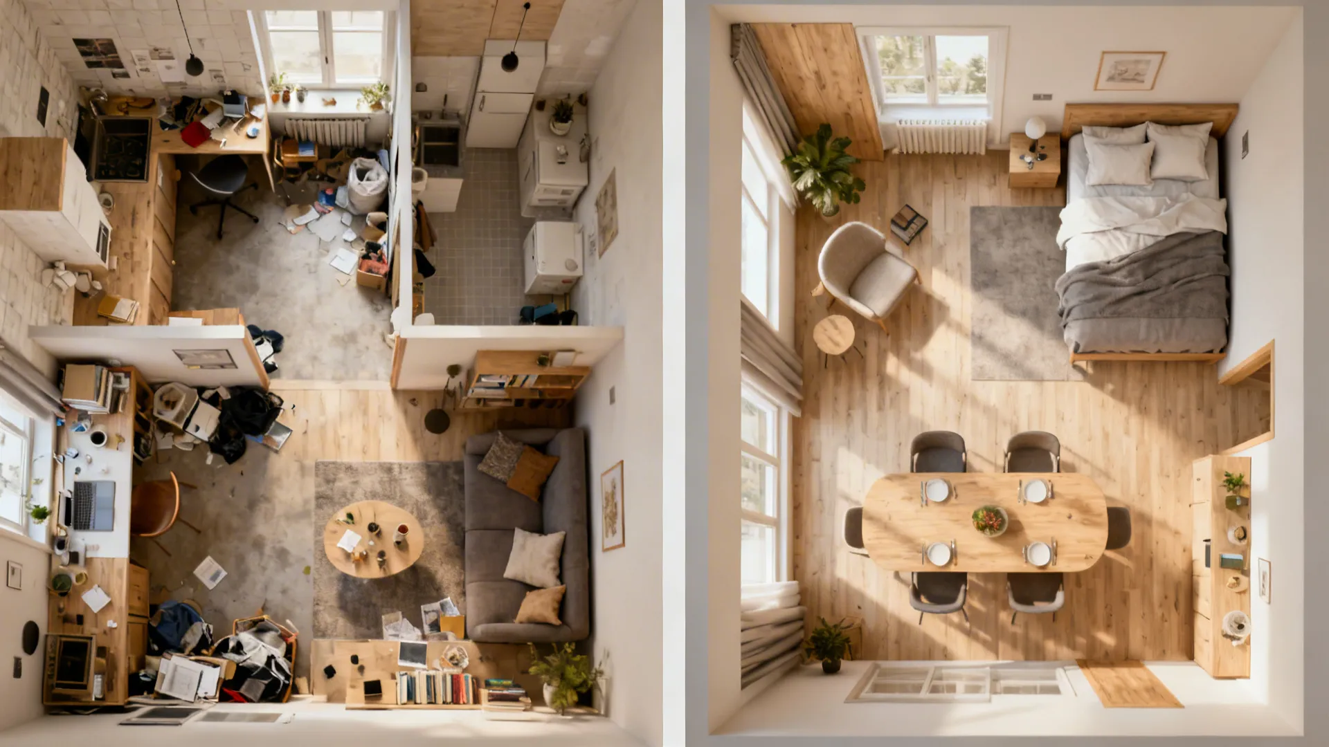 Before-and-after of a studio apartment showing improved zoning with scaled furniture.