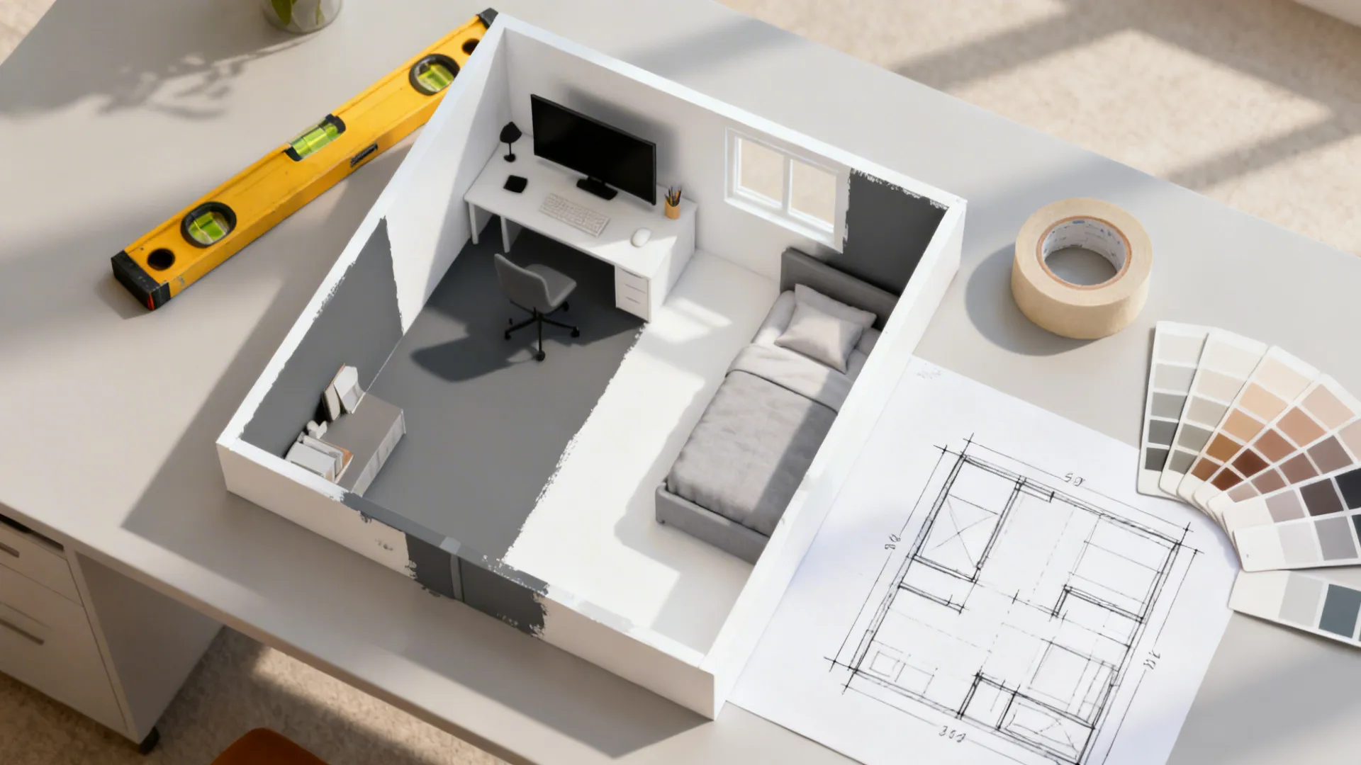 Top-down studio plan with graphite, white, and soft grey color blocks and painter’s tools.