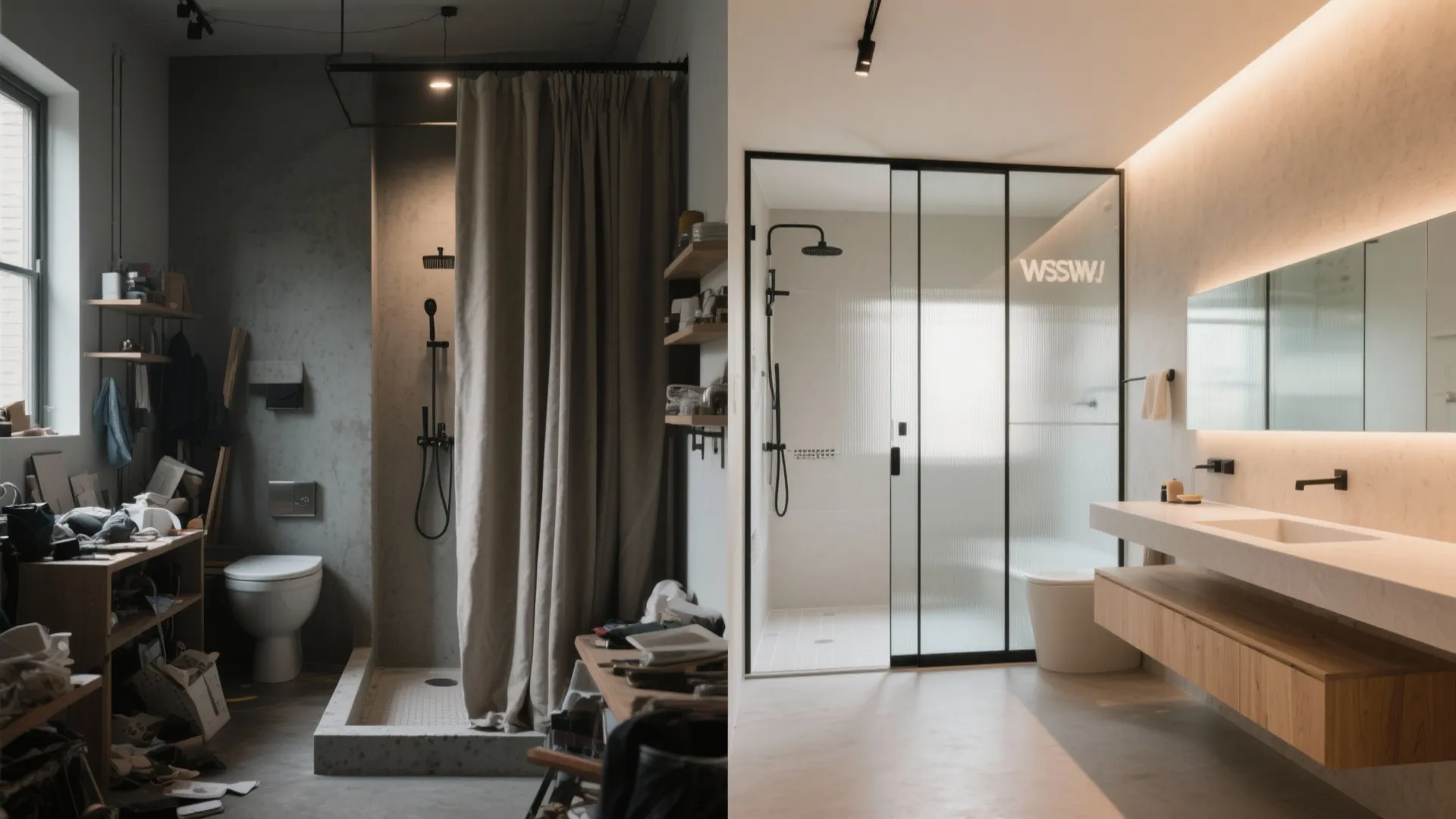 Before and after comparison showing a messy bathroom transformed into a clean modern interior design