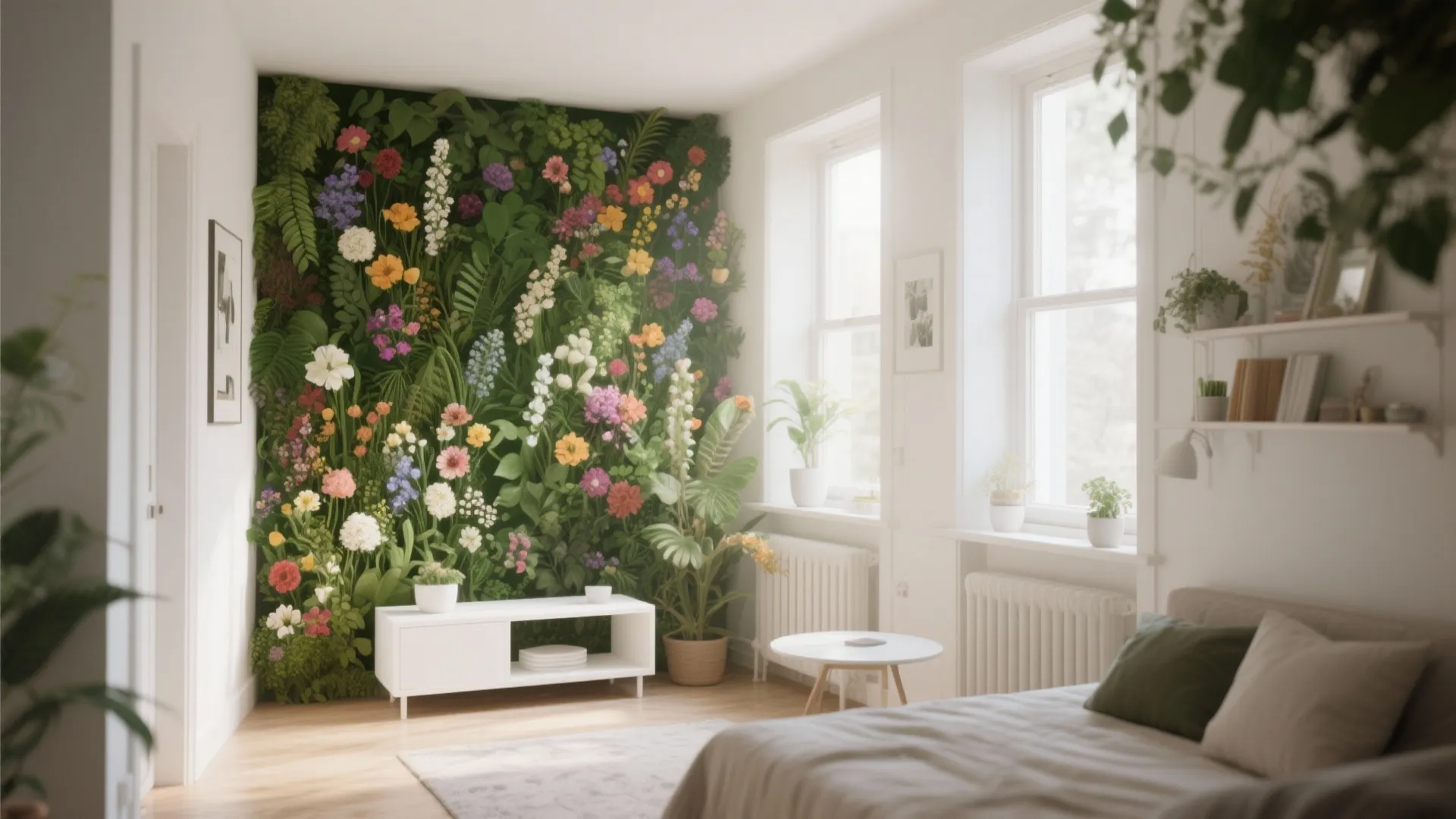 Modern bedroom with vertical green plant wall and colorful flowers beside a white TV cabinet