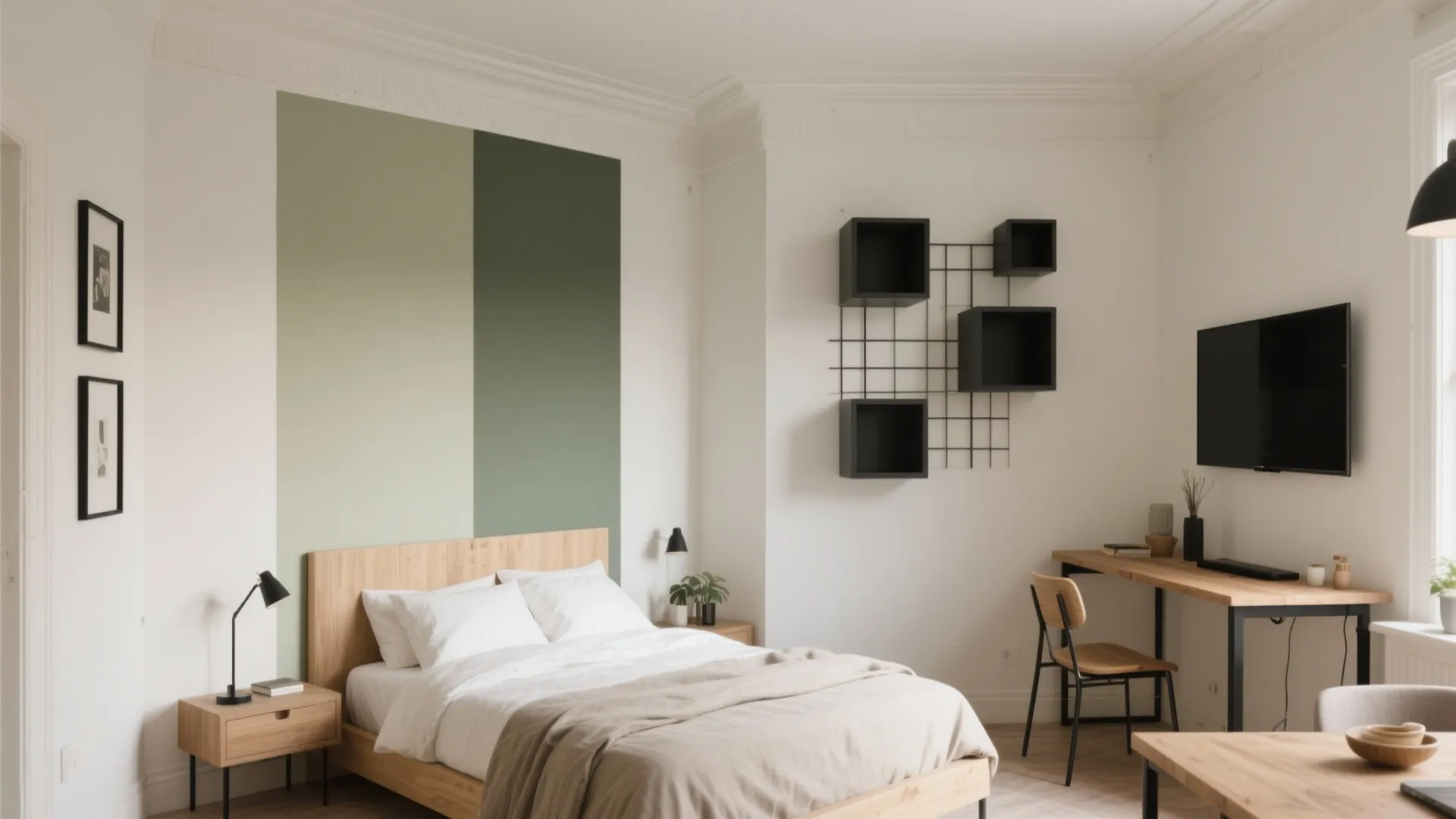 Modern bedroom with wooden bed green wall panel desk black wall shelves and a television