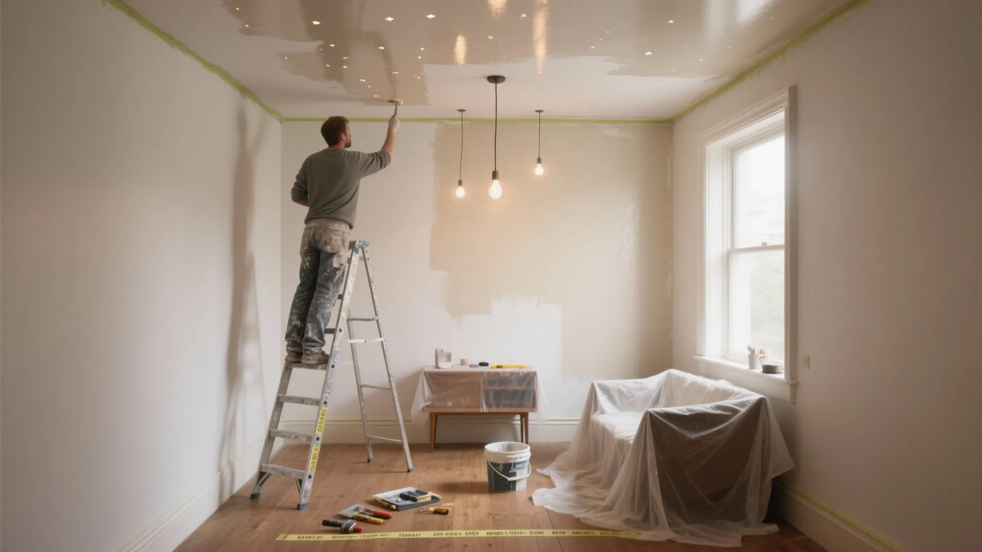 Man standing on ladder painting room ceiling white with roller near light fixtures and furniture