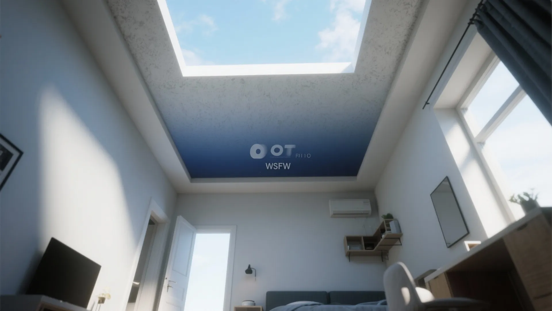 Studio apartment interior looking up at an ombre ceiling that deepens toward the center to add height