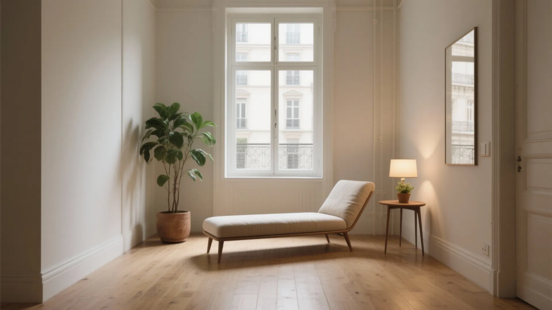 Modern cream sofa in bright room with wood floor large window plant and small side table