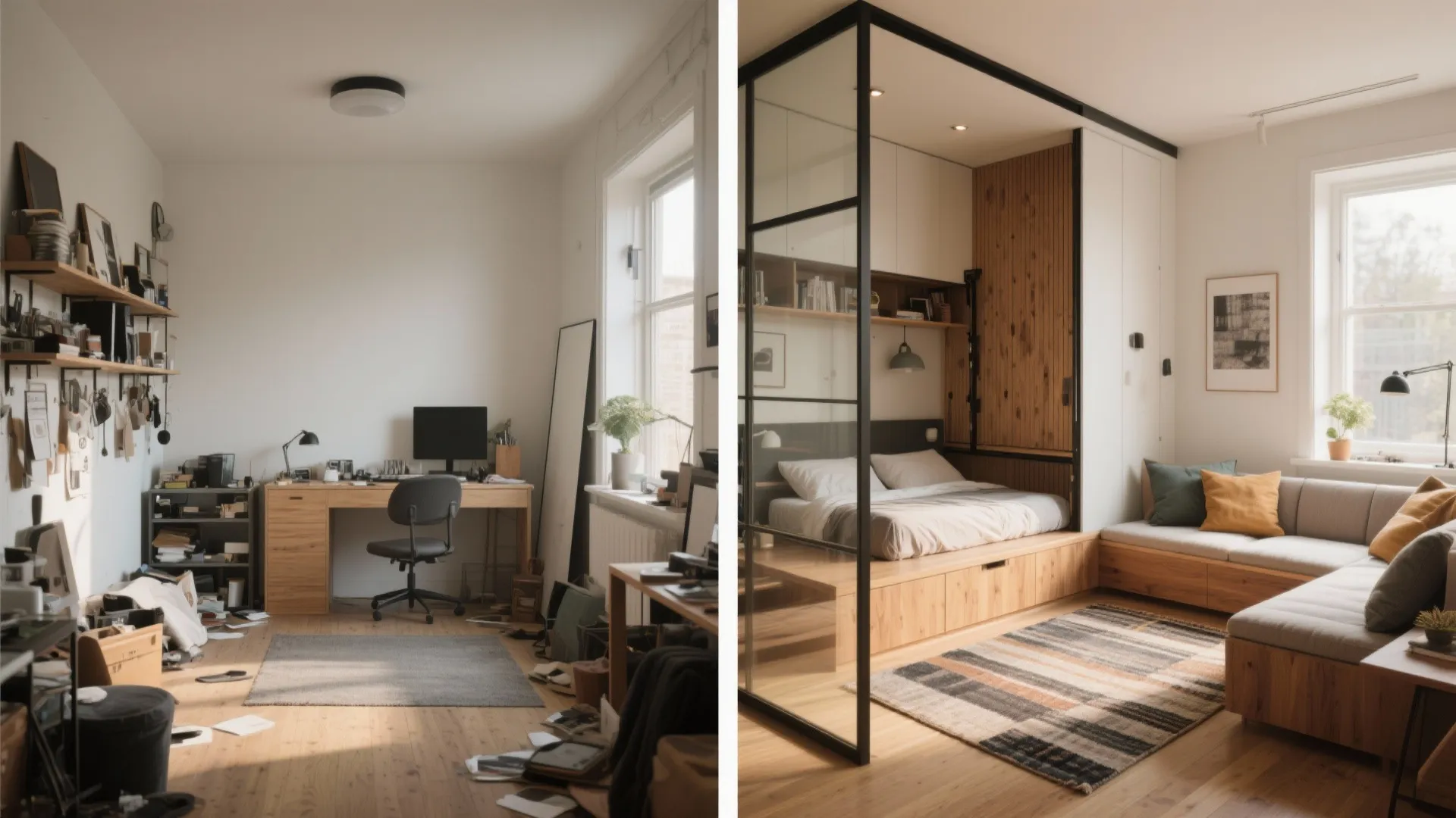 Before and after comparison of messy home office versus clean studio with black glass partition