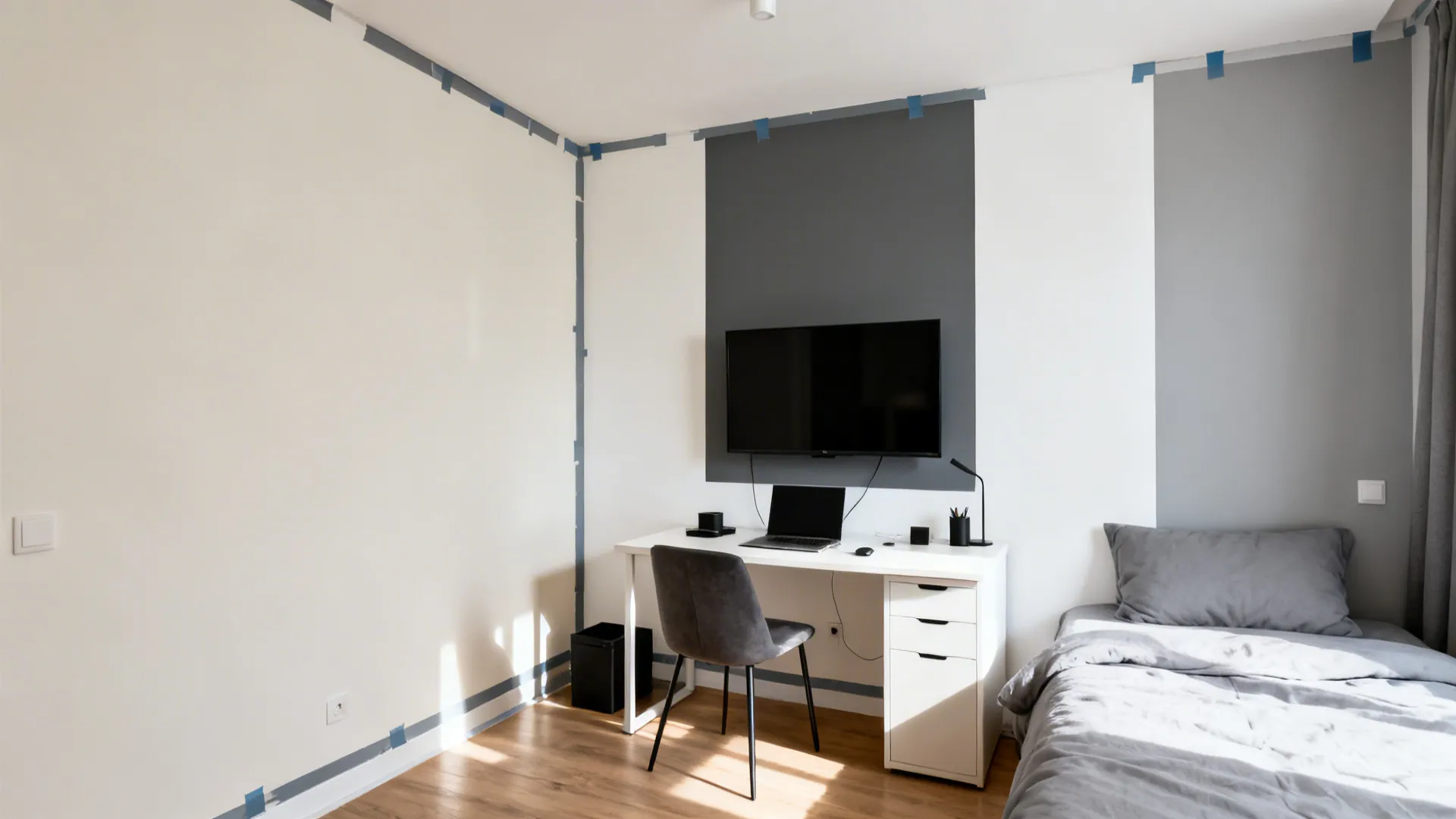 Before-after studio wall showing off-white versus crisp graphite and white color-blocking.