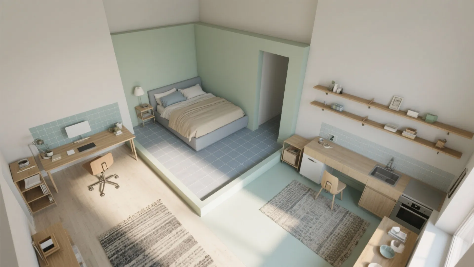 Small studio apartment interior design drawing showing separate zones for sleeping working and kitchen areas