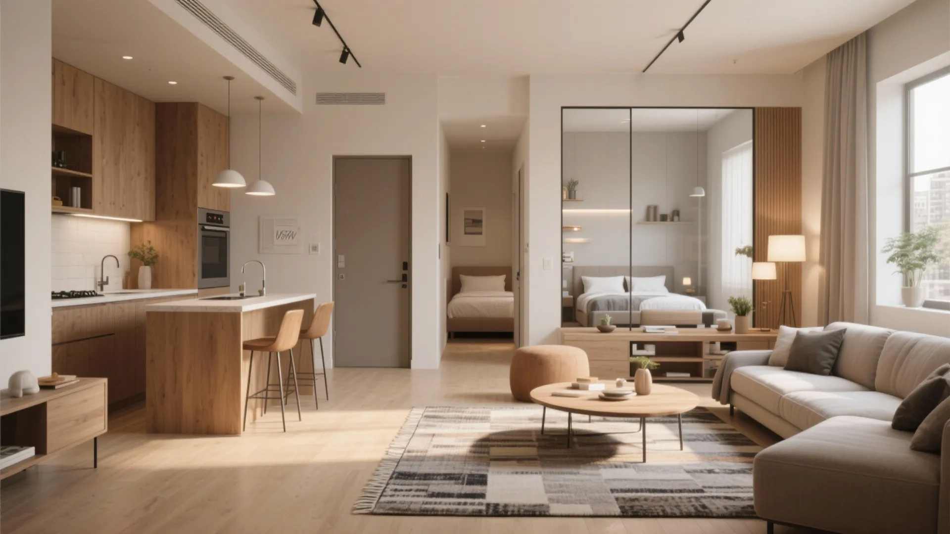 Studio-Style Common Area with Enclosed Bedrooms