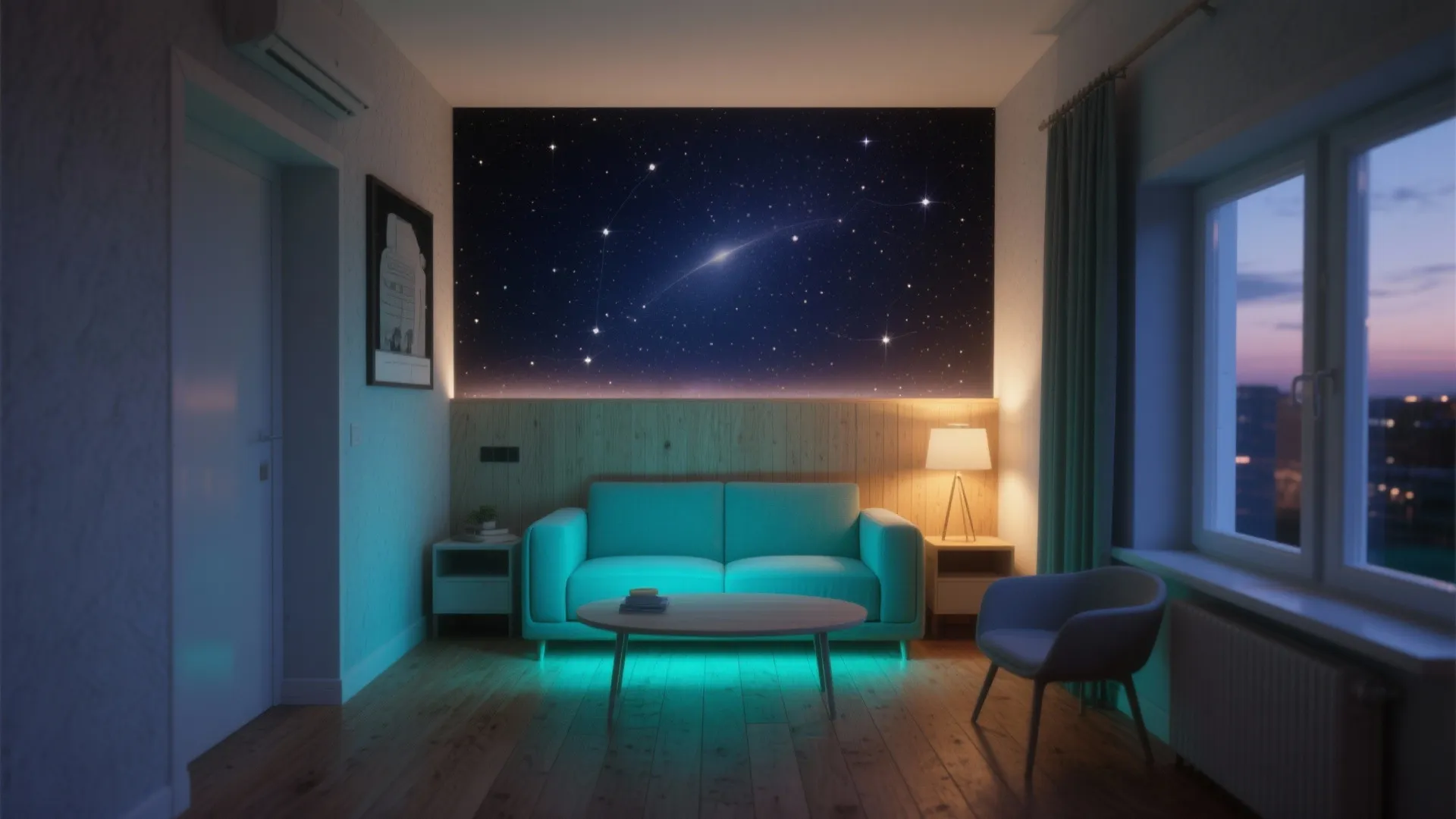 Modern living room with blue sofa, star pattern wall design, wood floor, and warm lamp