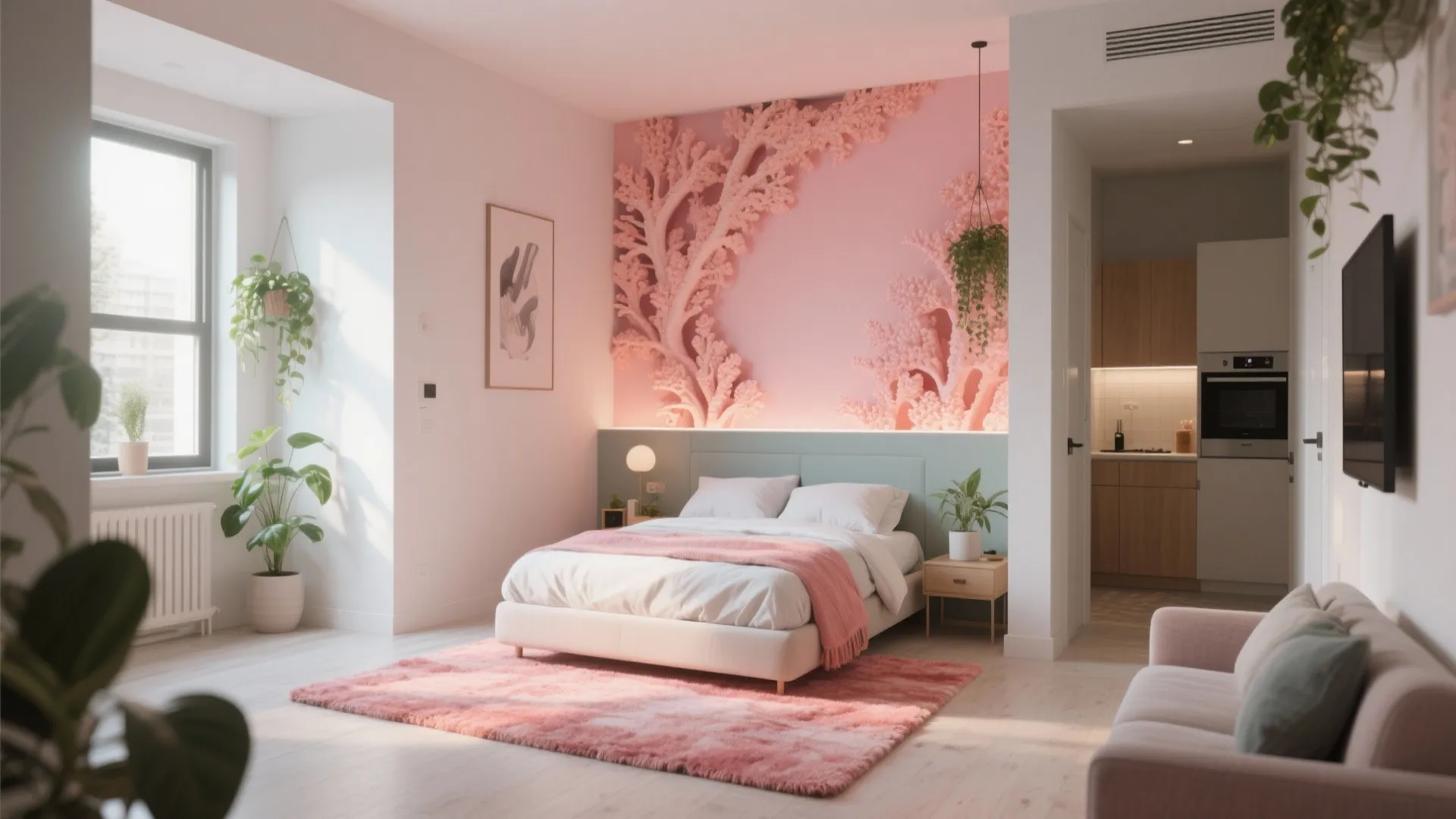 3. Studio Bedrooms: Coral as a Zoning Tool