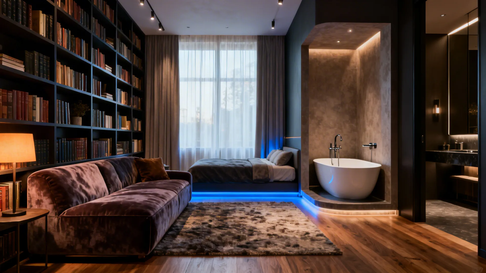 Modern studio apartment with a purple sofa large bookshelf bed with blue lighting and white bathtub
