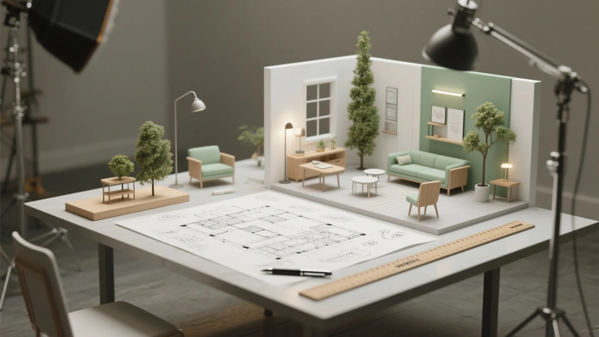 Miniature living room model on studio desk with floor plan drawing and professional lighting equipment