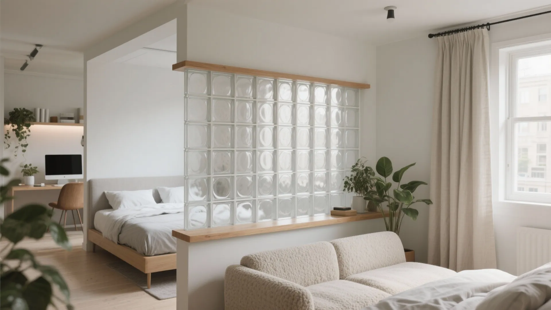 Modern studio apartment with glass block room divider separating the bed from the white sofa