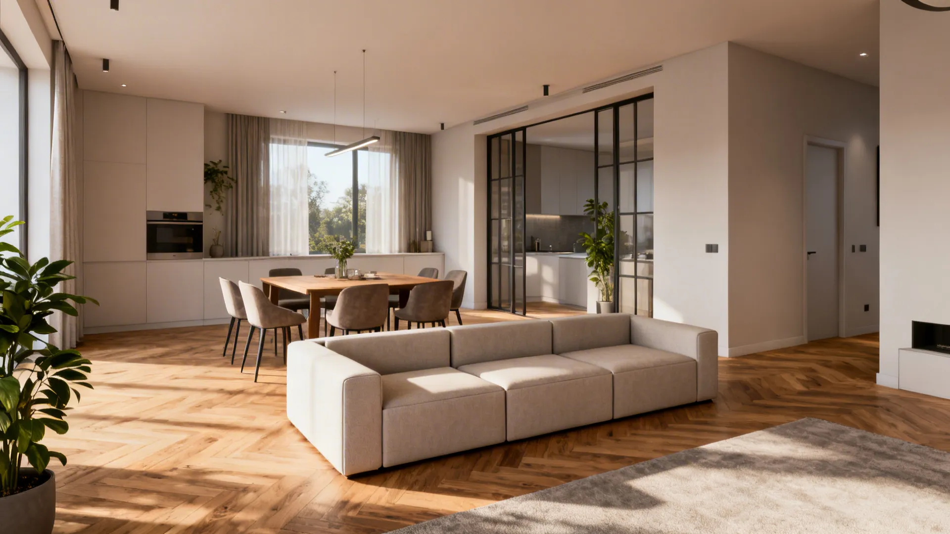 Studio apartment using a low-back modular sectional to separate living and dining areas.