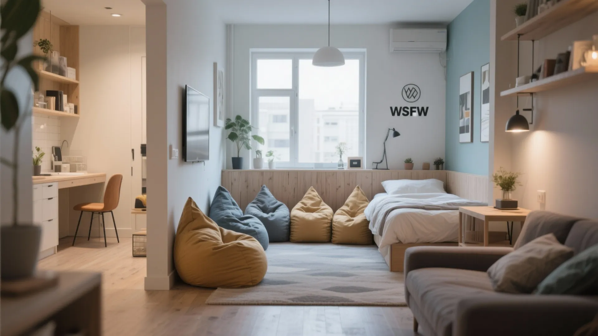 Bean bags used as visual divider in small studio apartment