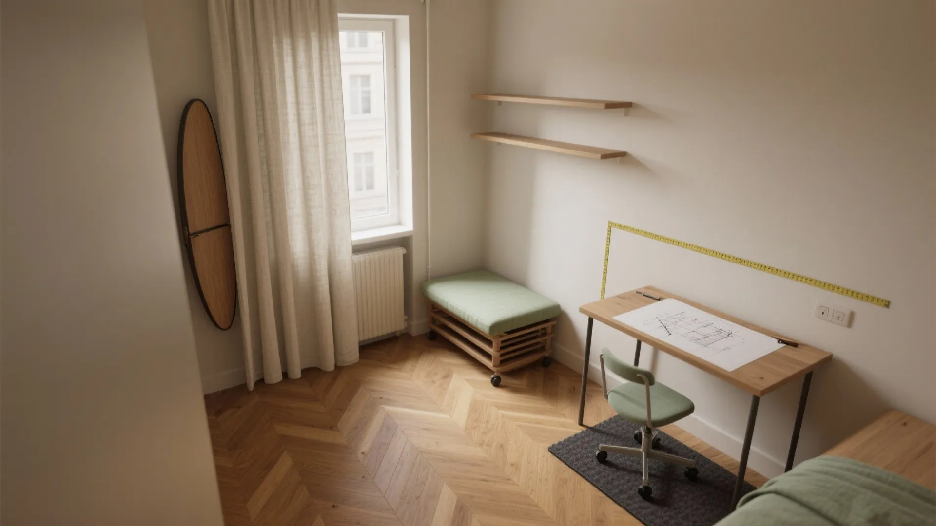 Modern home office with wooden desk, green chair, wall shelves, oval mirror, and herringbone floor