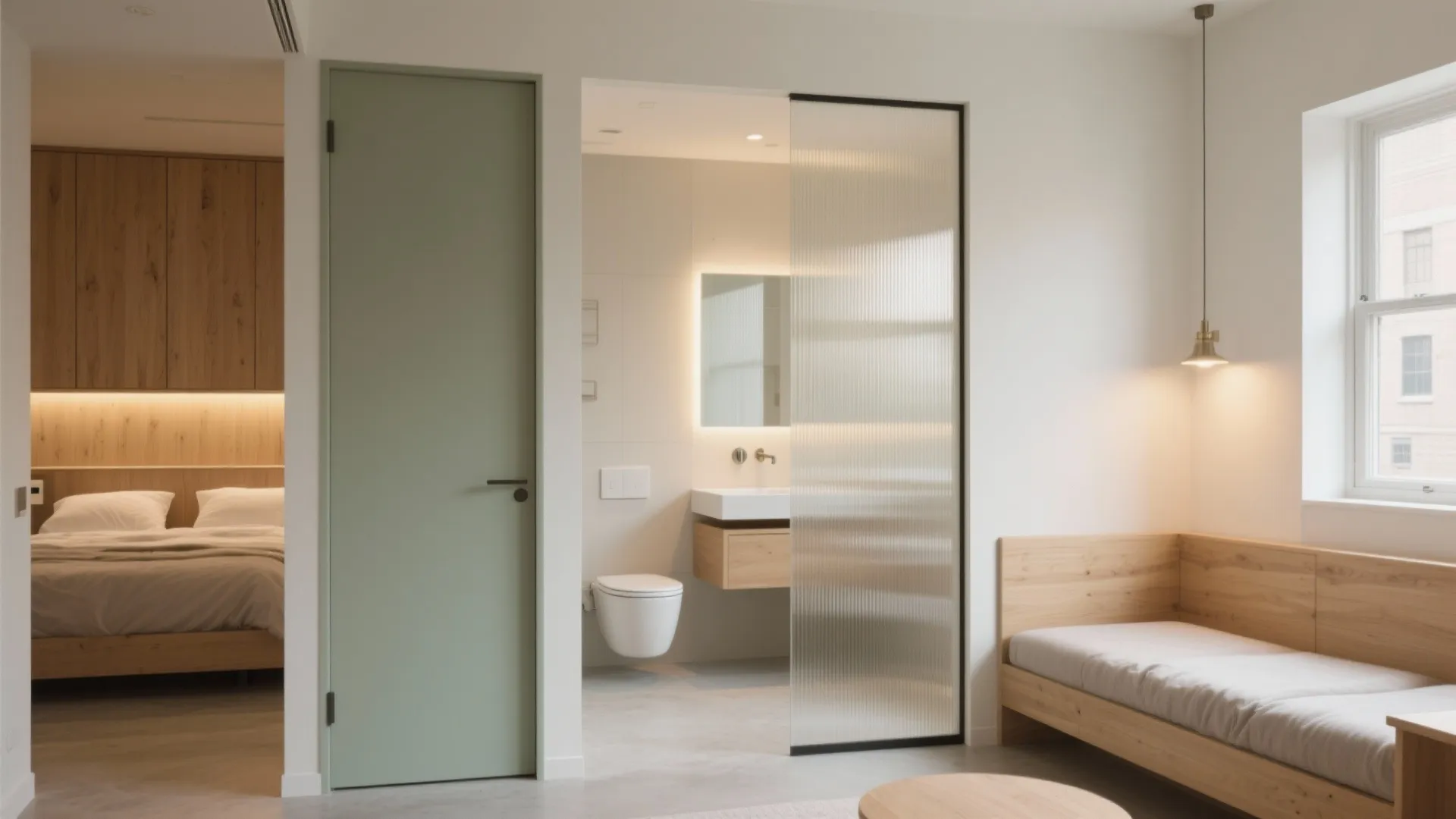 Minimalist studio interior with green door glass partition white bathroom wooden bed and small hanging light