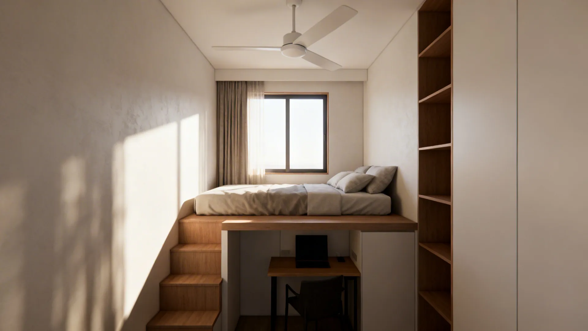 Small bedroom with a bed above a desk wooden stairs shelving and a white ceiling fan
