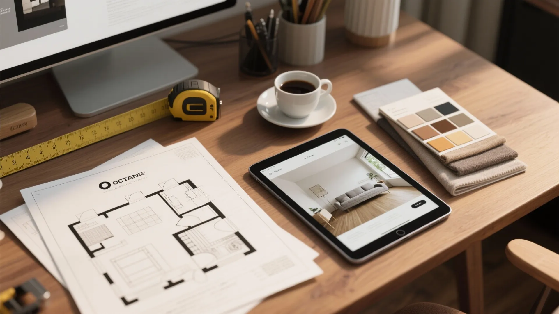 Designer desk with floor plan drawings tablet showing living room interior design and measuring tape