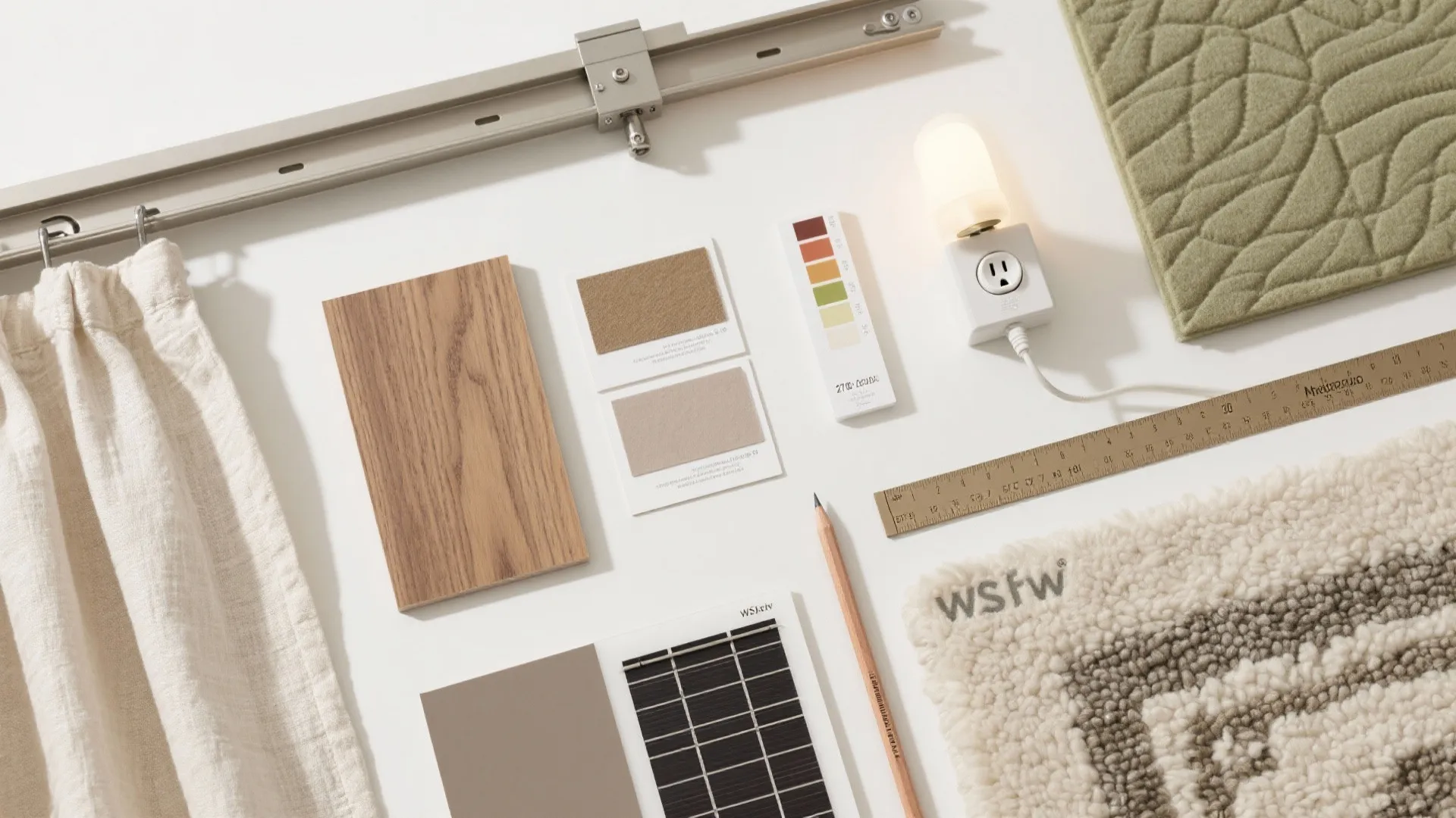 Interior design flat lay with wood sample fabric swatches ruler pencil light fixture and carpet pieces