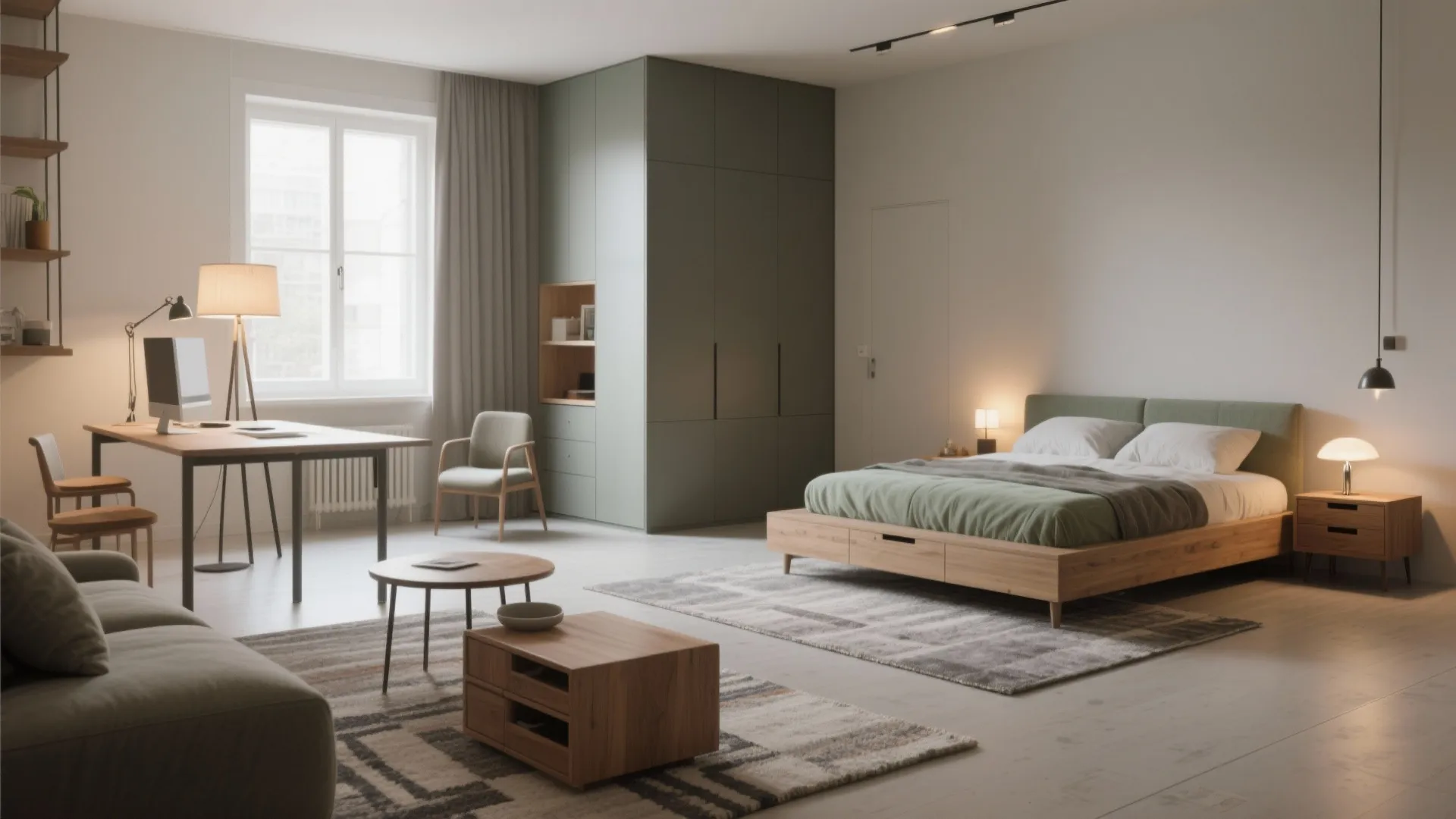 Large studio apartment layout with zones for a bed, sofa, desk, and green storage cabinet