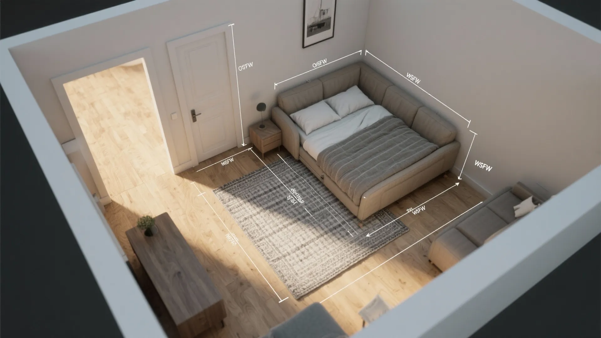 Interior design drawing of small bedroom with dimensions showing bed rug and wooden furniture pieces