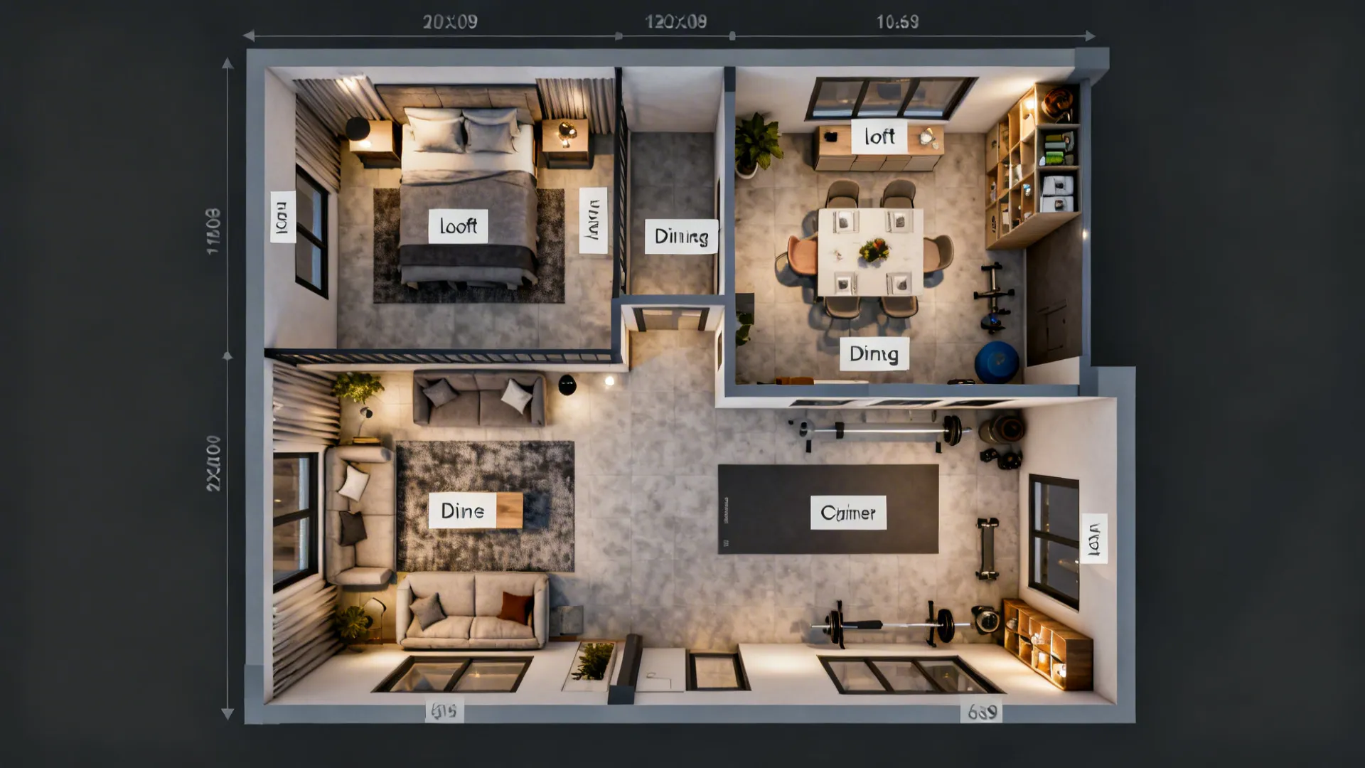 Top-down floorplan of a small studio showing zoned areas and furniture layout