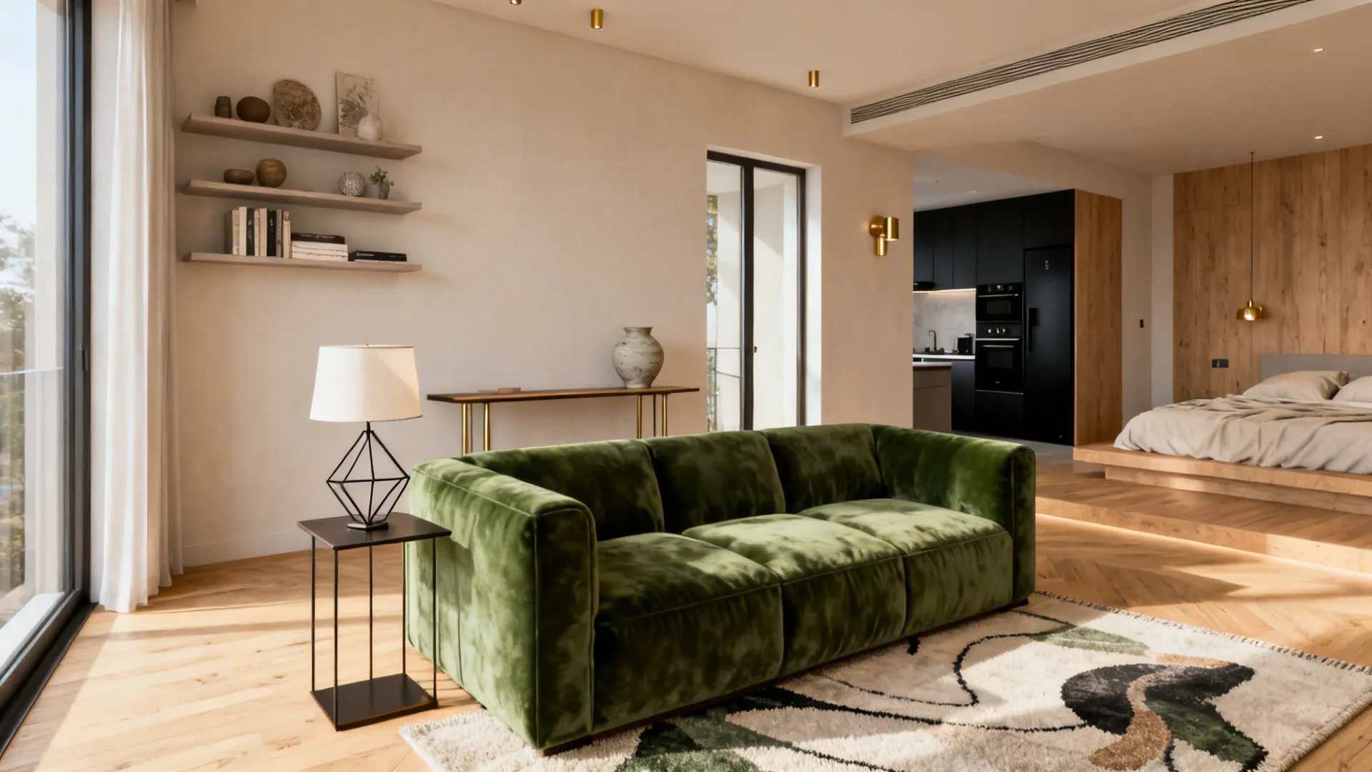Studio apartment showing a green velvet sofa used as a focal divider with a slim console table behind