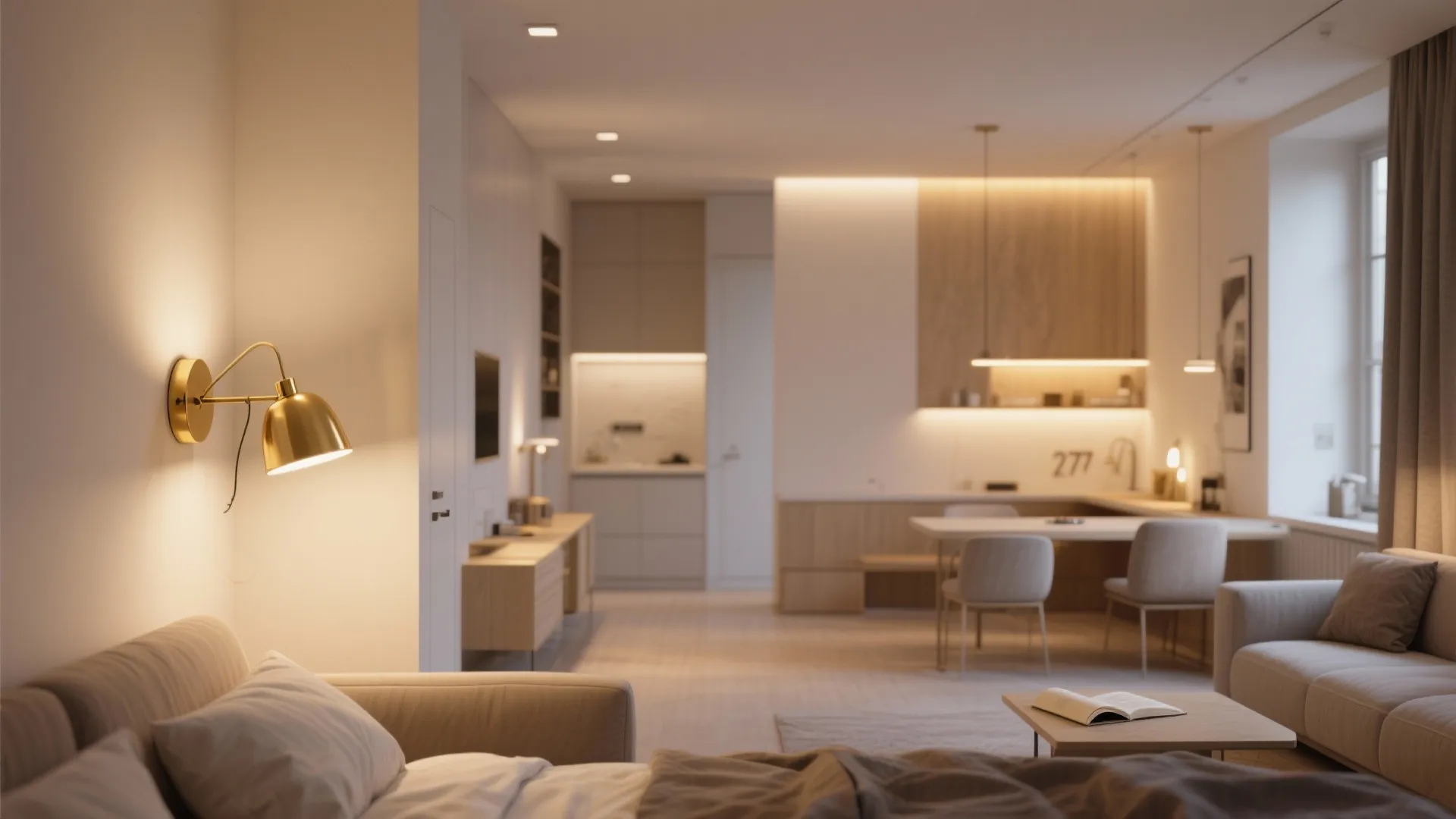 5. Layered Ambient and Accent Gold Lighting for Studio Apartments