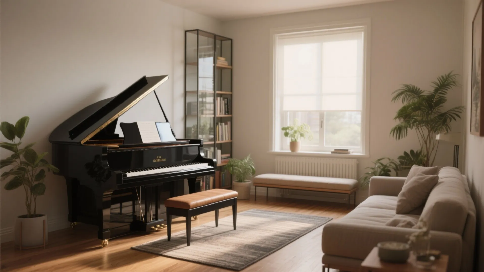 Elegant living room featuring a black piano next to a beige sofa and green potted plants