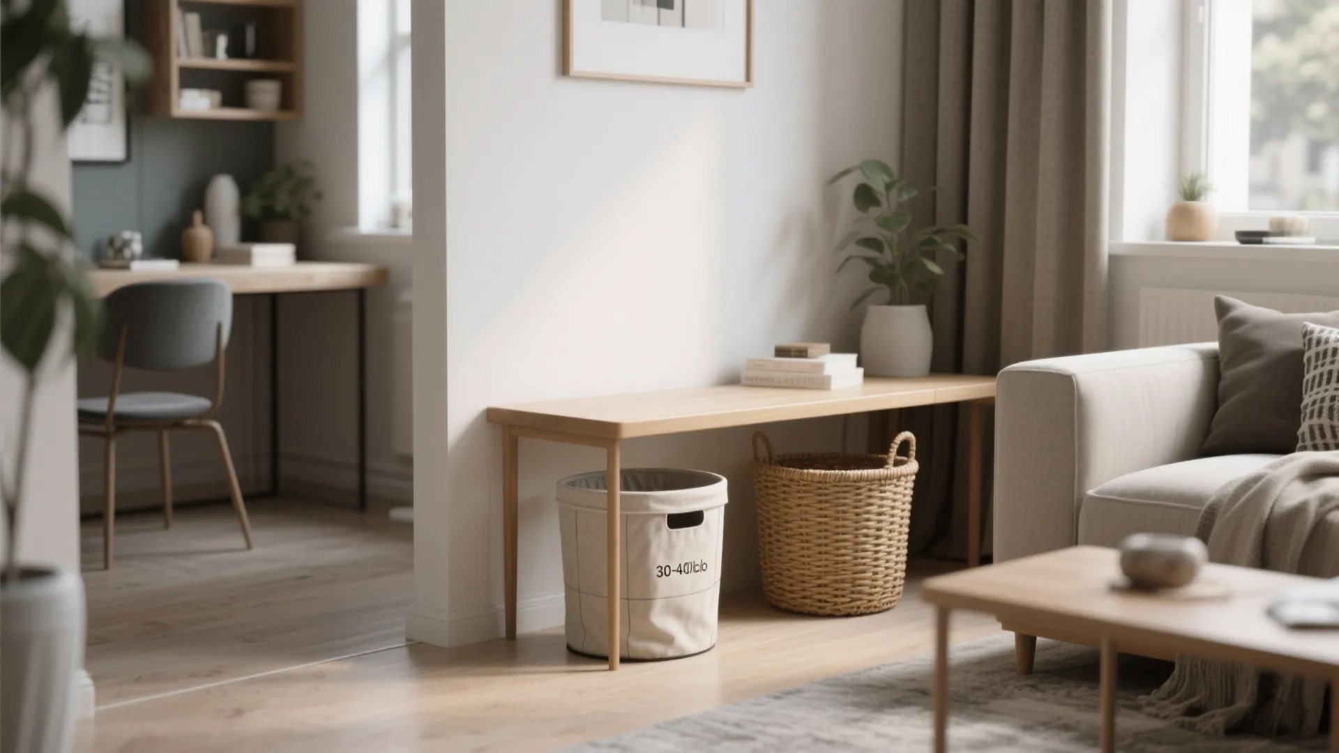 Living room area featuring a wooden bench with two laundry baskets underneath for easy organization