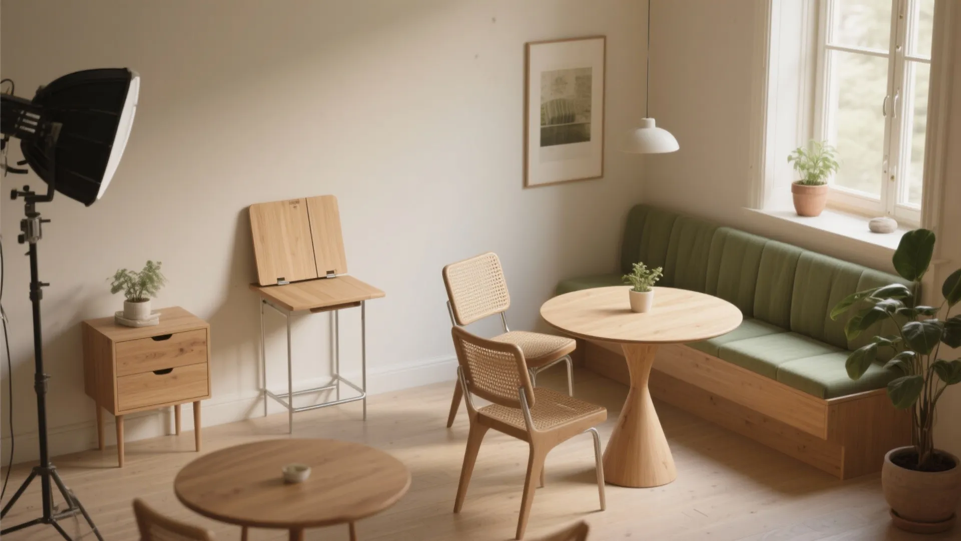 Interior studio with round wooden table green bench seat and photography lights in small room
