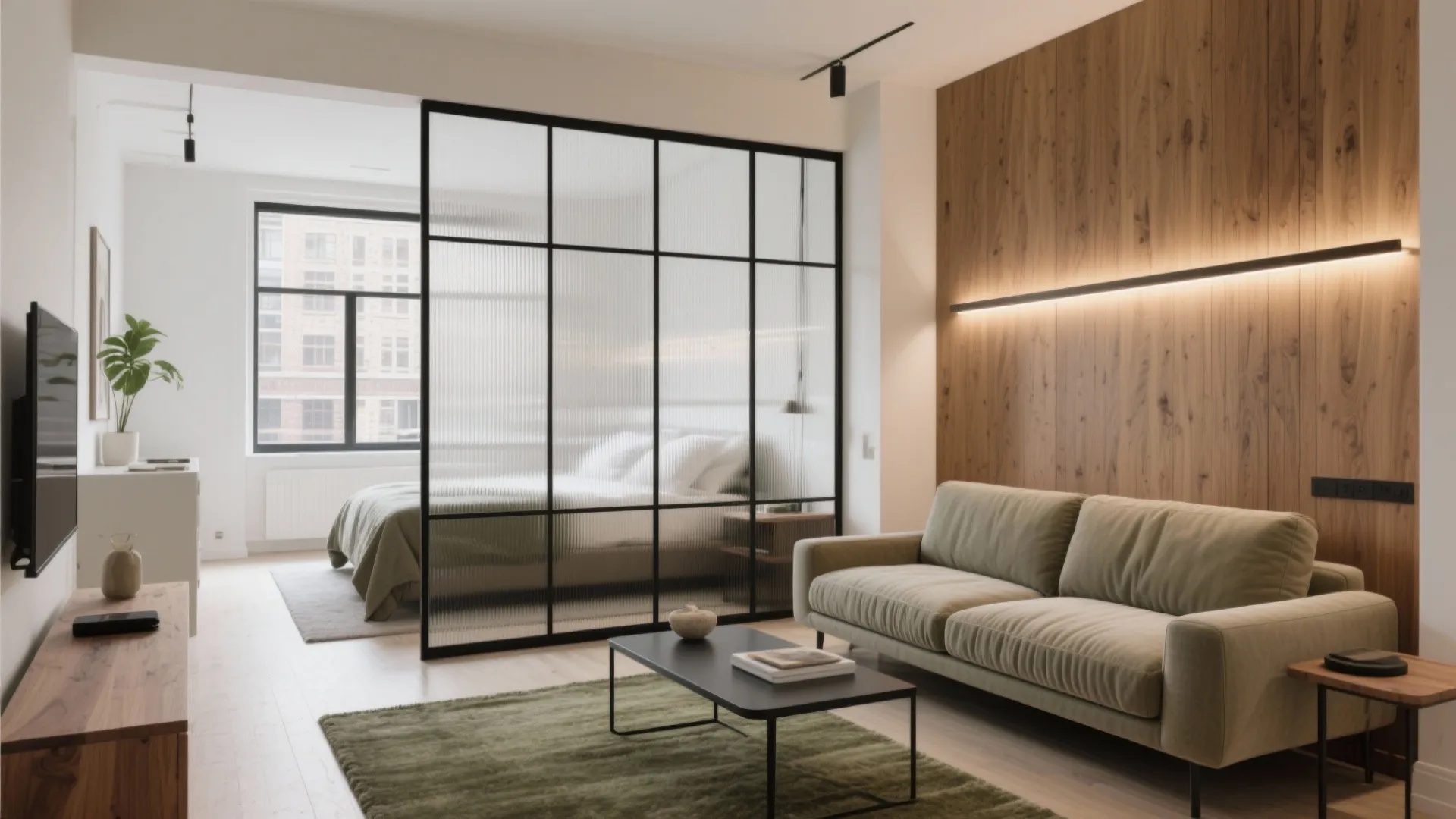 Studio apartment with green sofa and glass partition separating the living room from the bedroom