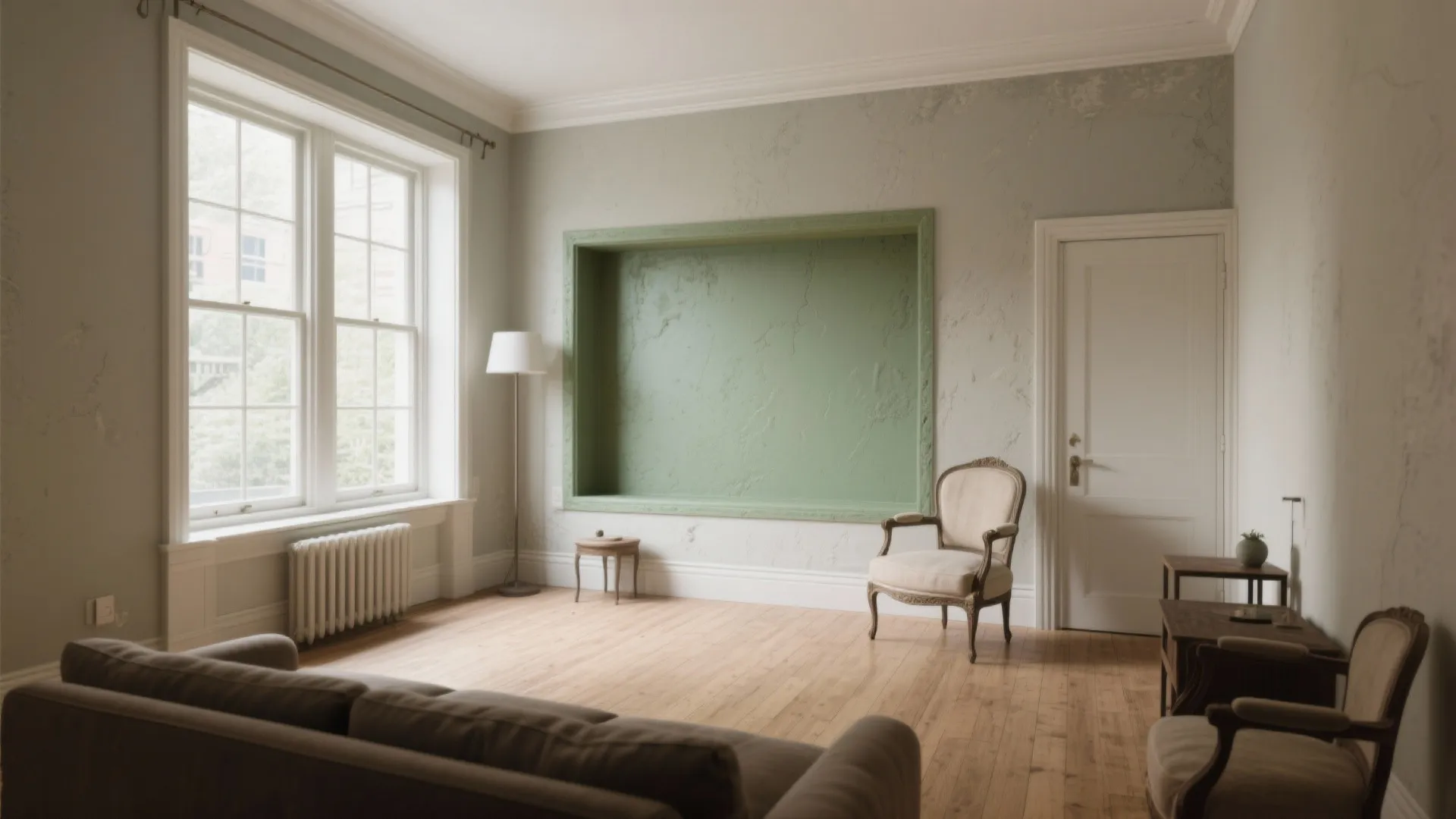 Classic living room with green wall panel white door armchair floor lamp and large bright windows