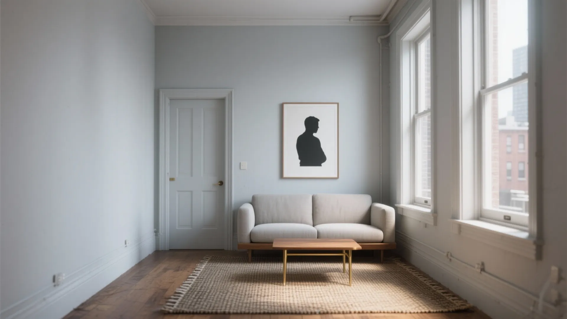 Minimalist living room featuring grey sofa wooden coffee table rug wall art and large bright windows