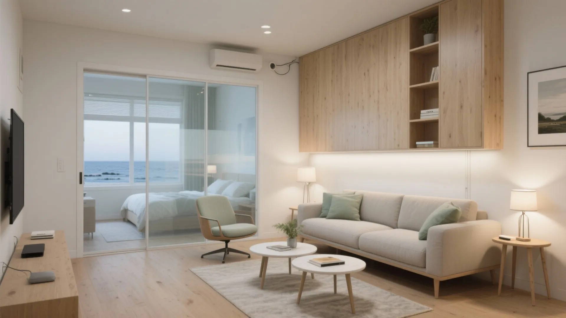 Contemporary living room with beige sofa round coffee tables wood cabinets and glass bedroom doors
