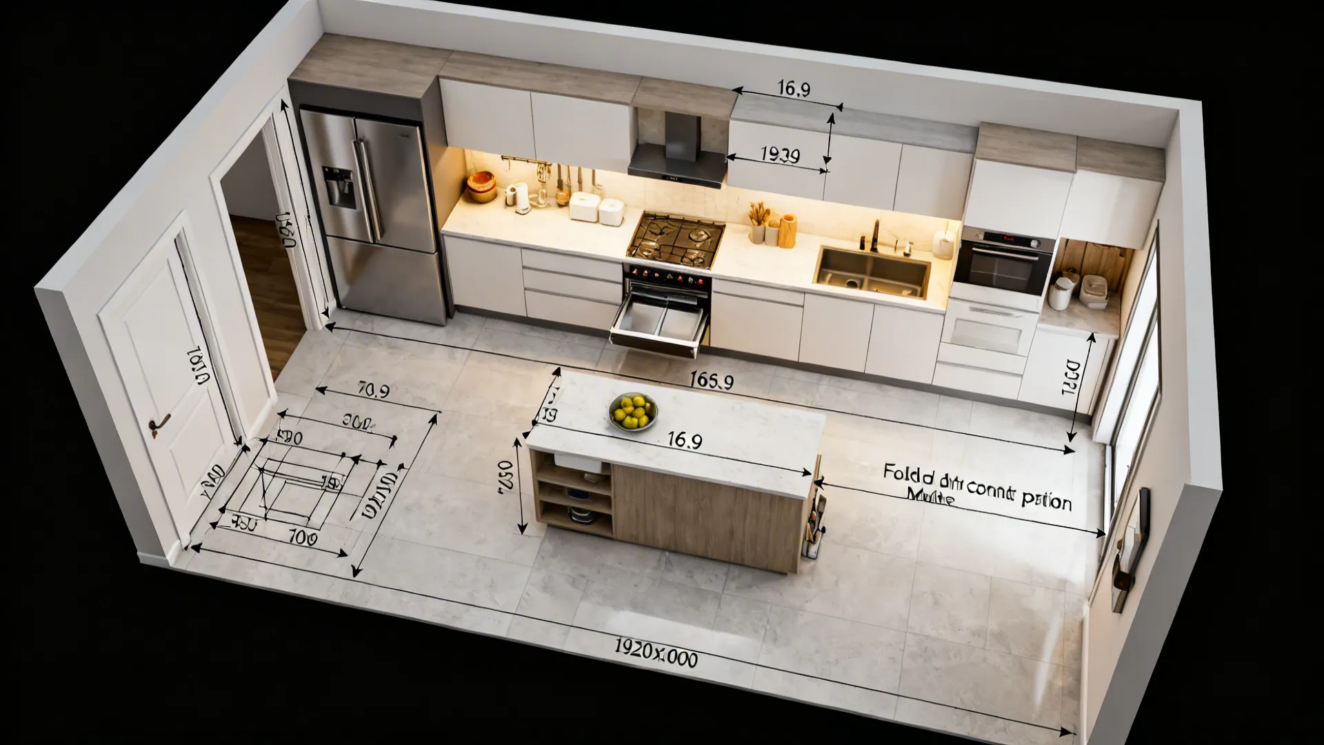 Top-down planning layout of galley and single-wall studio kitchen with measurements.