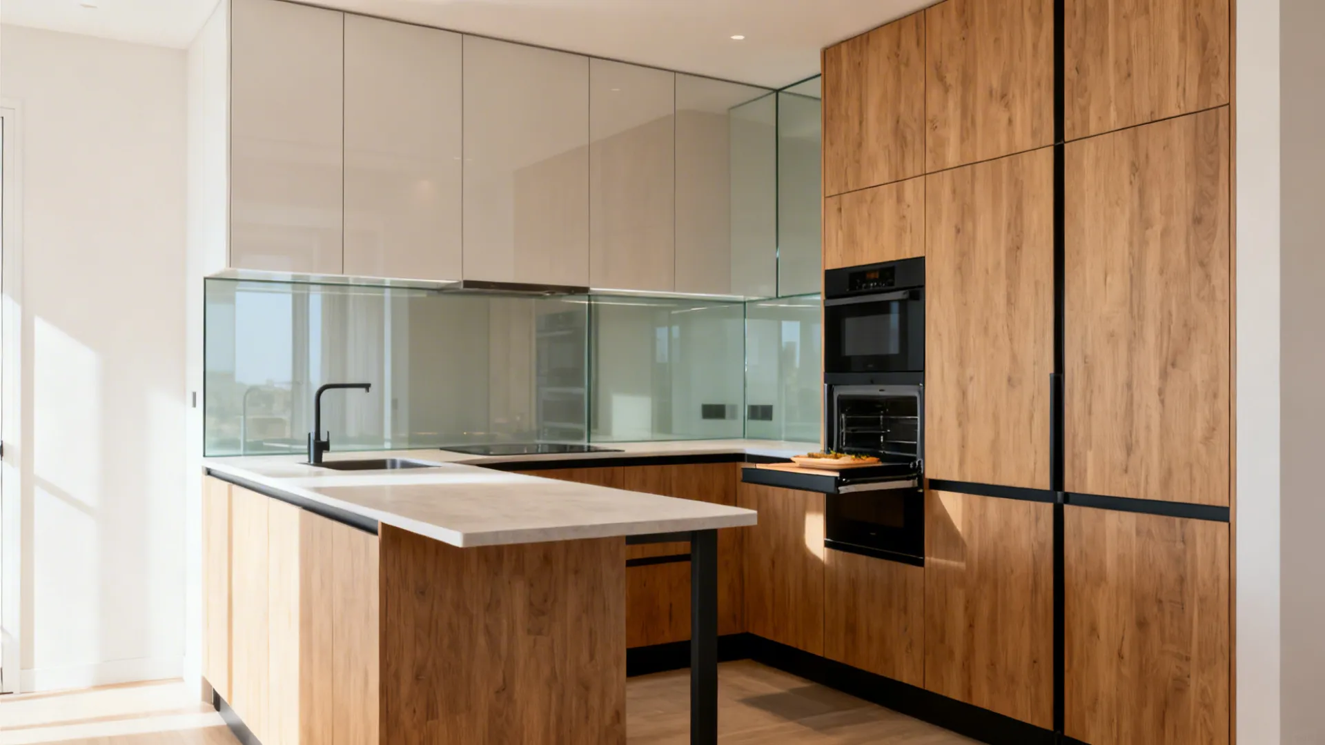 Modern L shaped kitchen featuring wood cabinets white countertops glass wall panels and open oven
