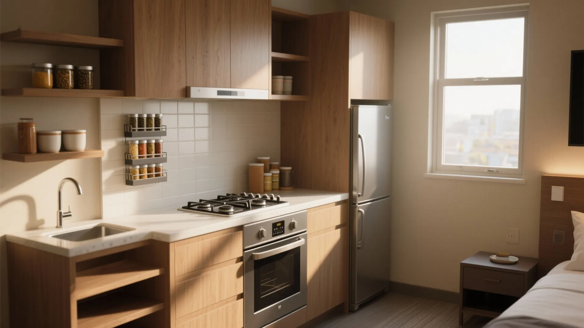 Modern studio kitchenette with wooden cabinets stove oven silver fridge sink window and natural sunlight