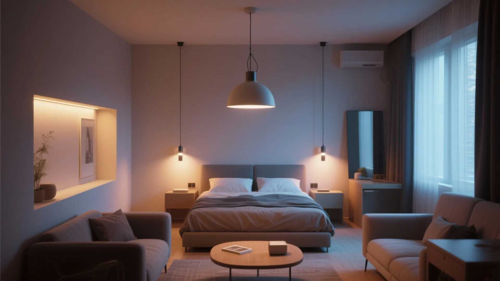 Modern studio apartment bedroom with ceiling light warm wall lights grey bed sofa and coffee table