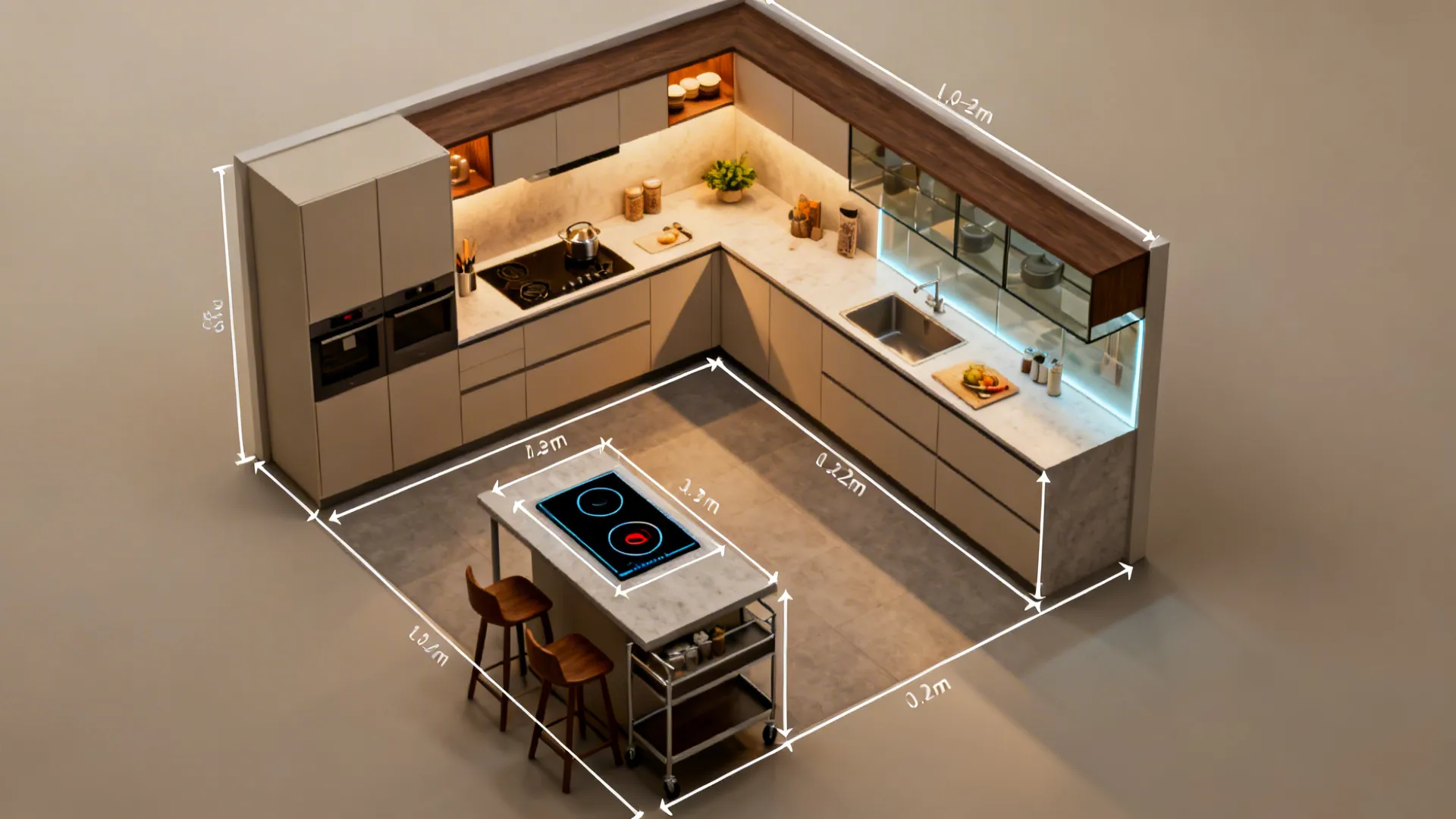 Interior design drawing of a modern kitchen layout with white counters and black stove top measurements