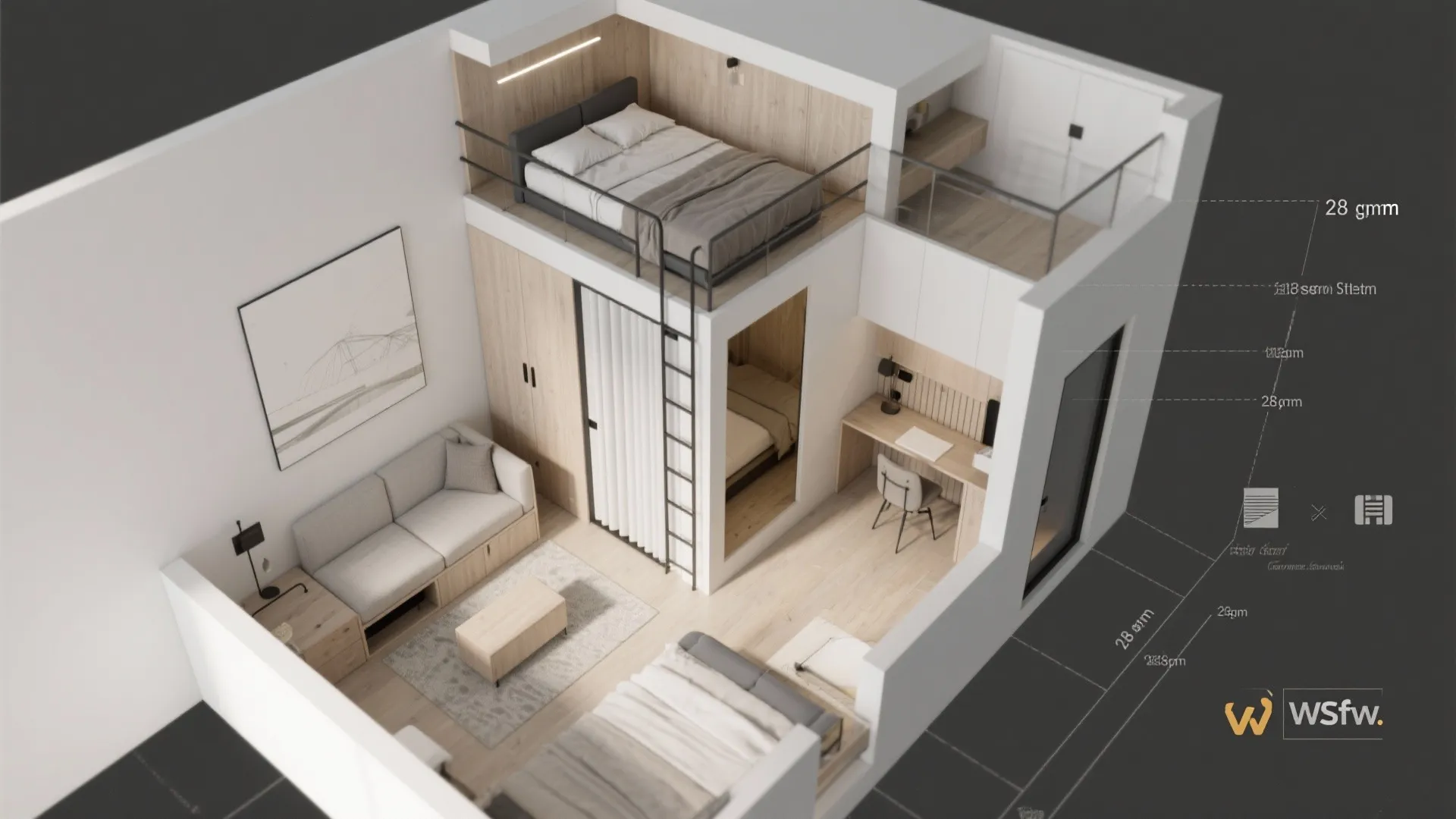 Interior design drawing showing a small apartment with loft bed desk sofa and wood floor layout