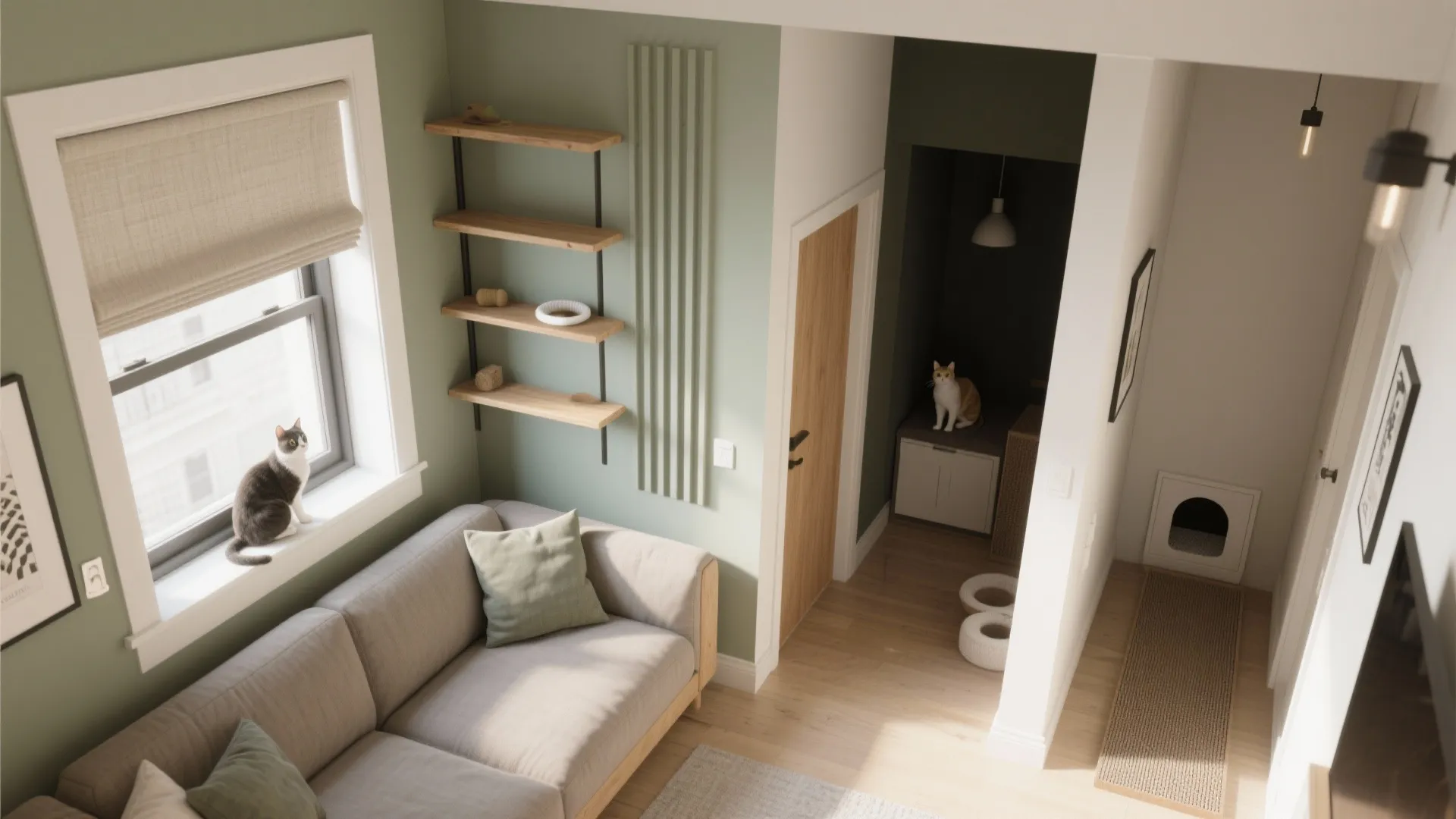 Top-down studio layout vignette showing a window perch, wall shelves over a sofa, a hidden litter cabinet, a cozy hideaway, and a scratcher.