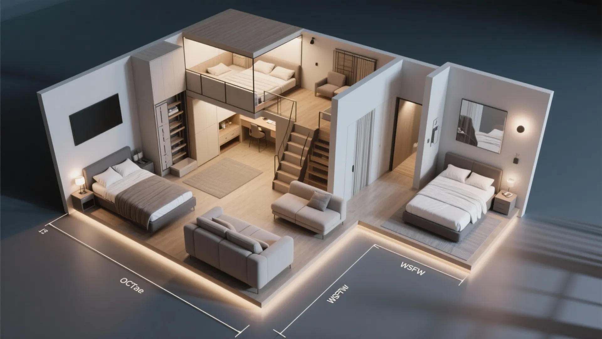 Top-down 3D layout of a small studio showing placement and clearance for Murphy, loft, daybed, sofa bed, and platform bed options.