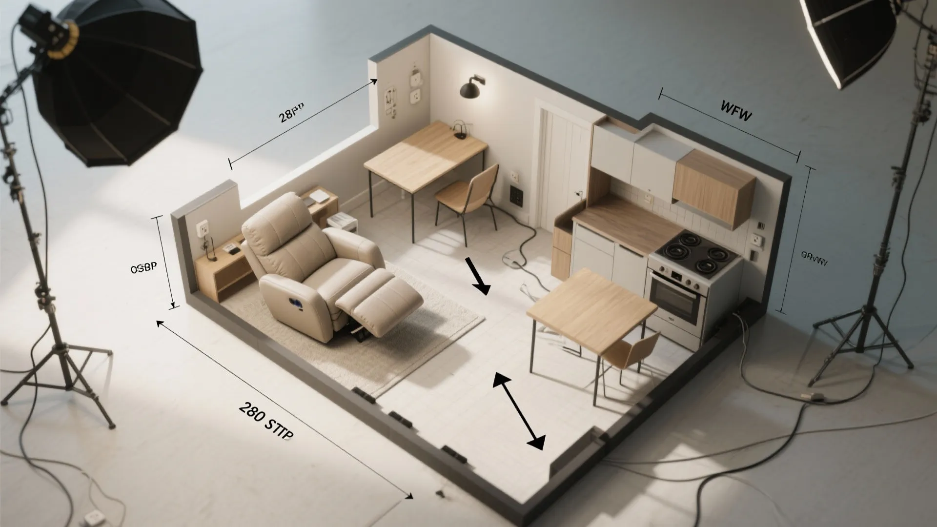 Top down interior design drawing showing a small studio with kitchen desk and beige sofa
